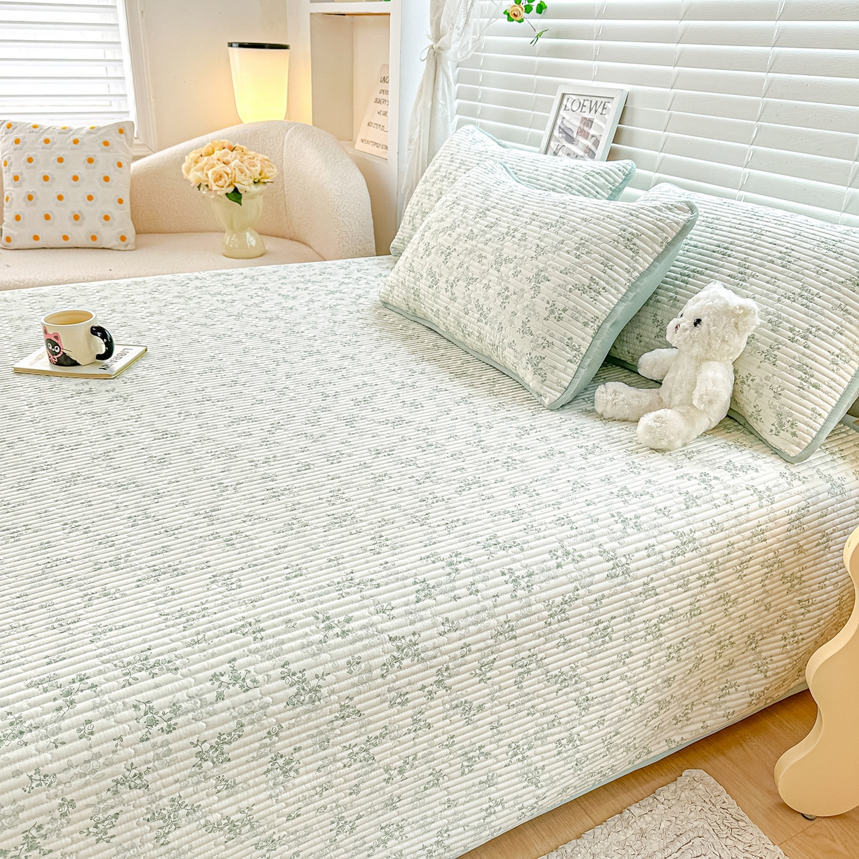 91家纺网 家纺一手货源 找家纺 橘夏家纺 2025新款全棉床盖三件套春风里（绿）