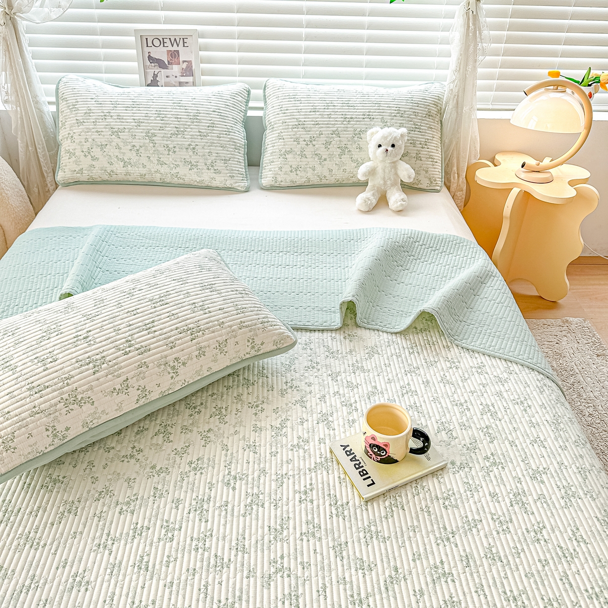 91家纺网 家纺一手货源 找家纺 橘夏家纺 2025新款全棉床盖三件套春风里（绿）