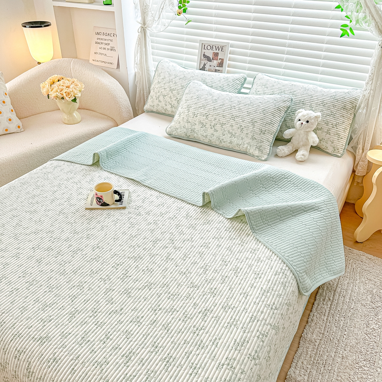 91家纺网 家纺一手货源 找家纺 橘夏家纺 2025新款全棉床盖三件套春风里（绿）