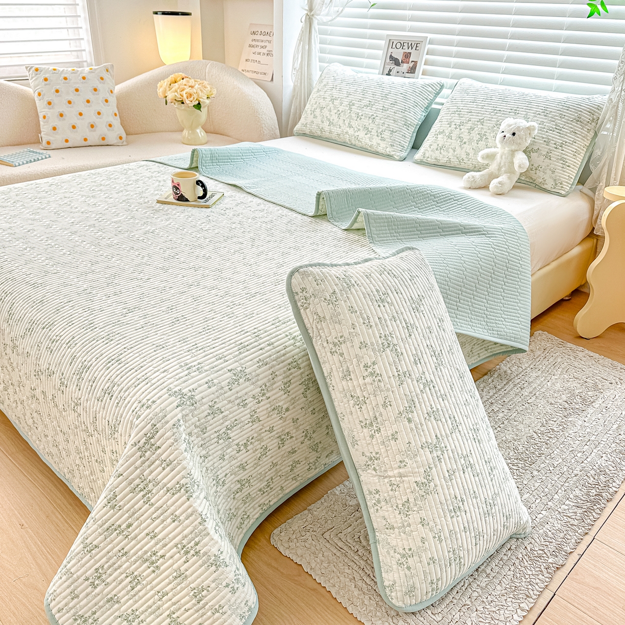 91家纺网 家纺一手货源 找家纺 橘夏家纺 2025新款全棉床盖三件套春风里（绿）