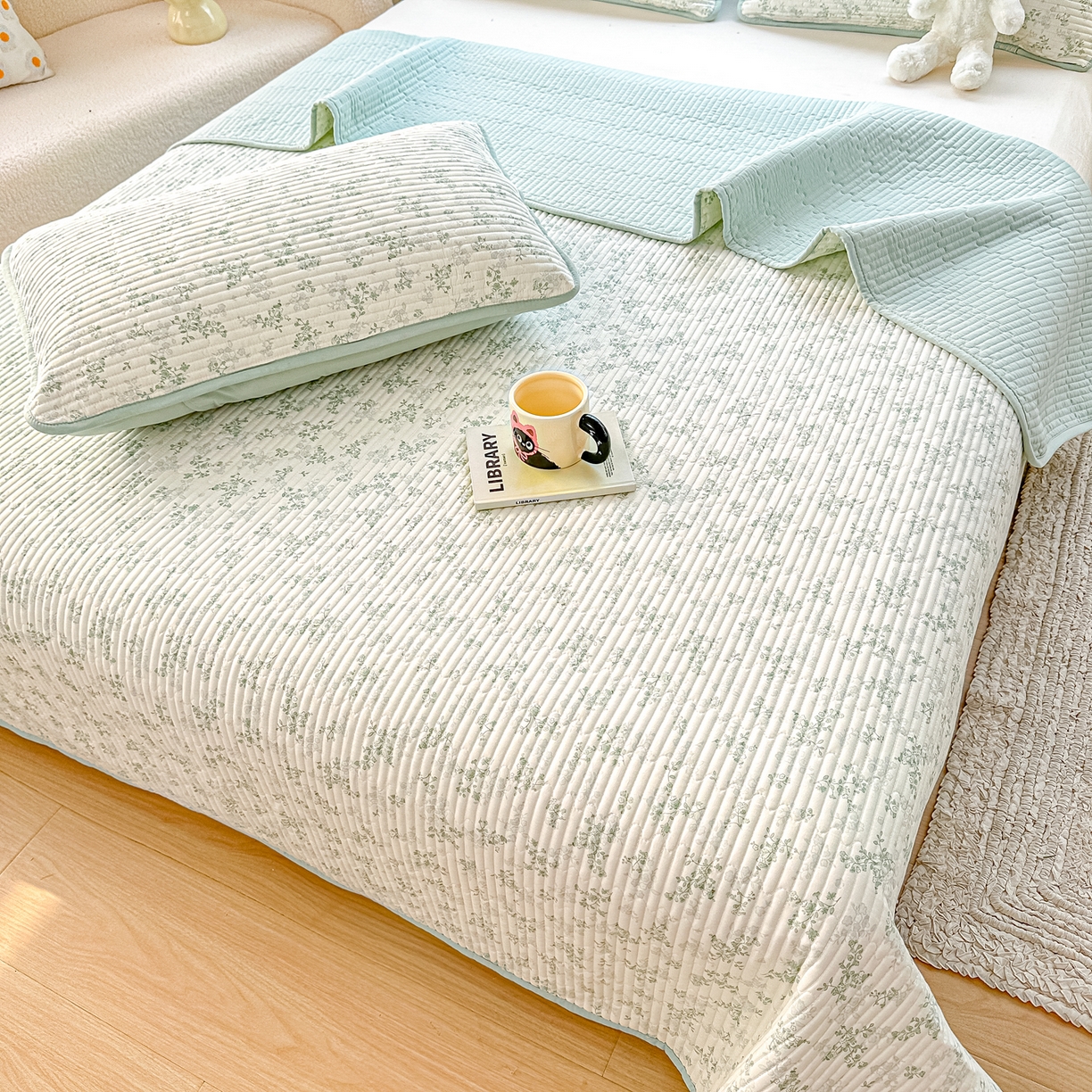 91家纺网 家纺一手货源 找家纺 橘夏家纺 2025新款全棉床盖三件套春风里（绿）