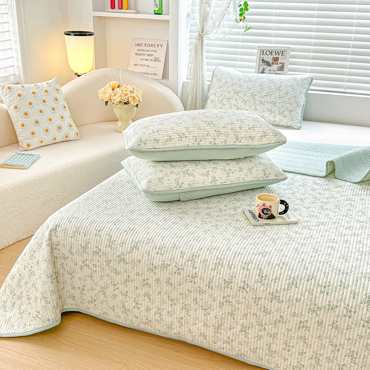 91家纺网 家纺一手货源 找家纺 橘夏家纺 2025新款全棉床盖三件套春风里（绿）