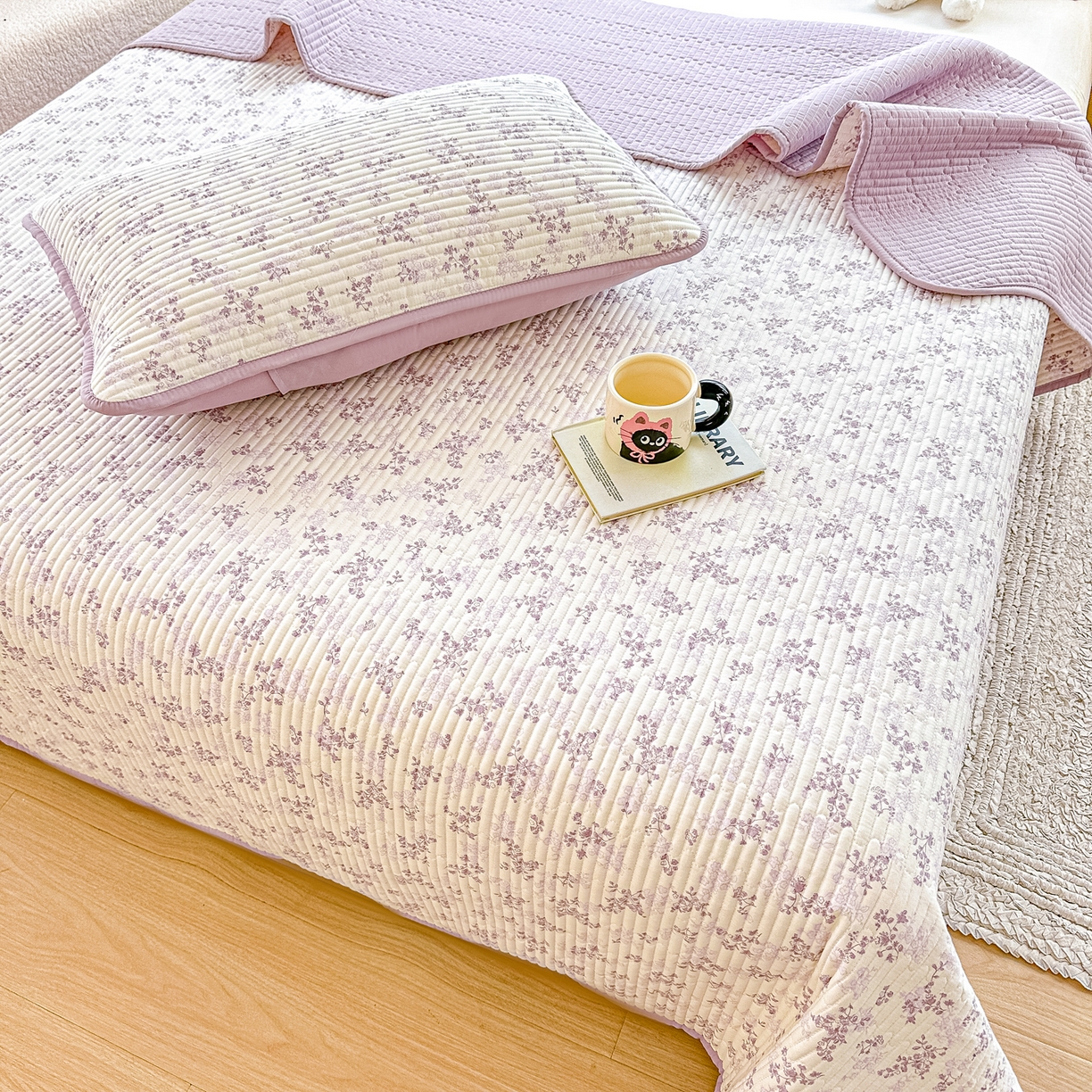 91家纺网 家纺一手货源 找家纺 橘夏家纺 2025新款全棉床盖三件套春风里（紫）