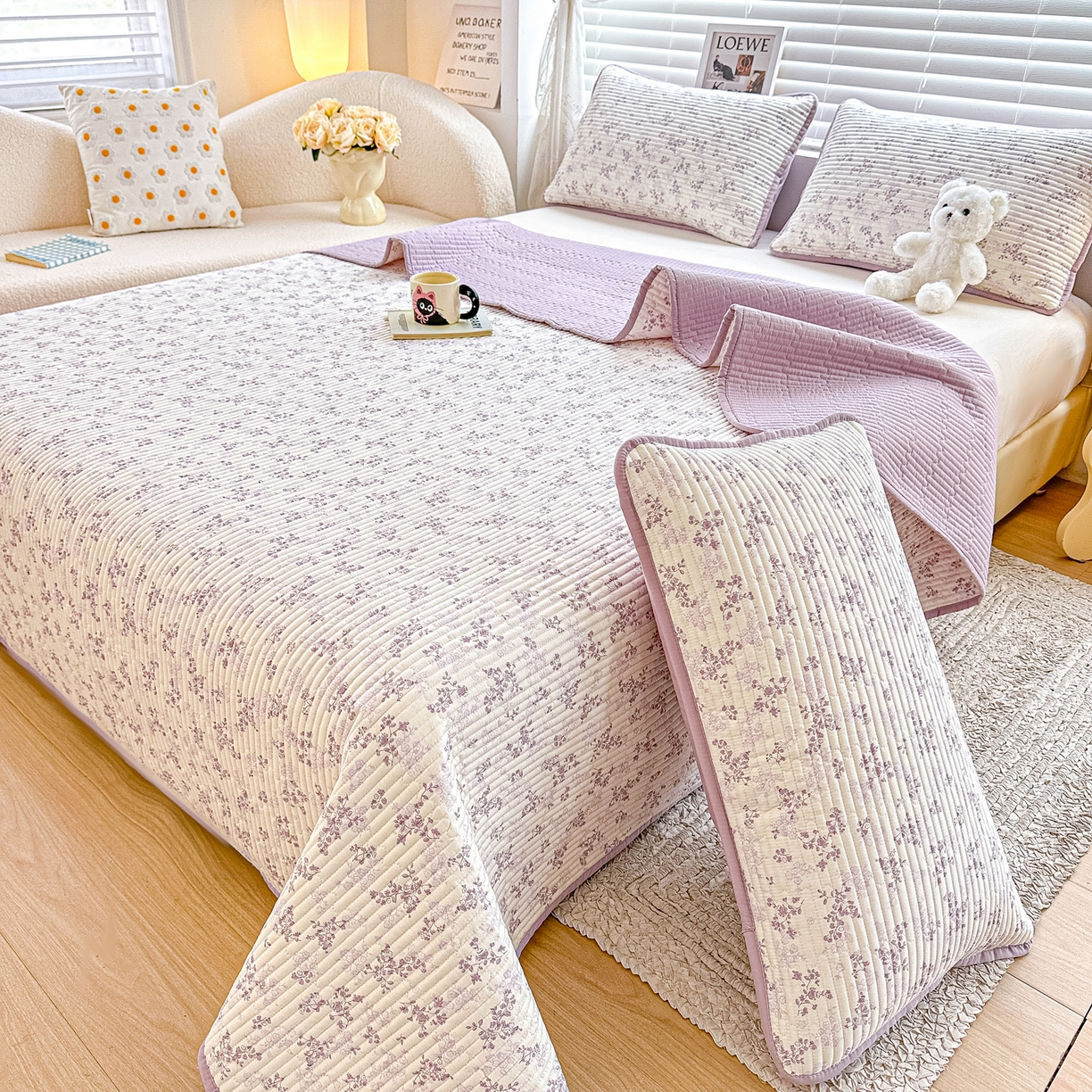 91家纺网 家纺一手货源 找家纺 橘夏家纺 2025新款全棉床盖三件套春风里（紫）