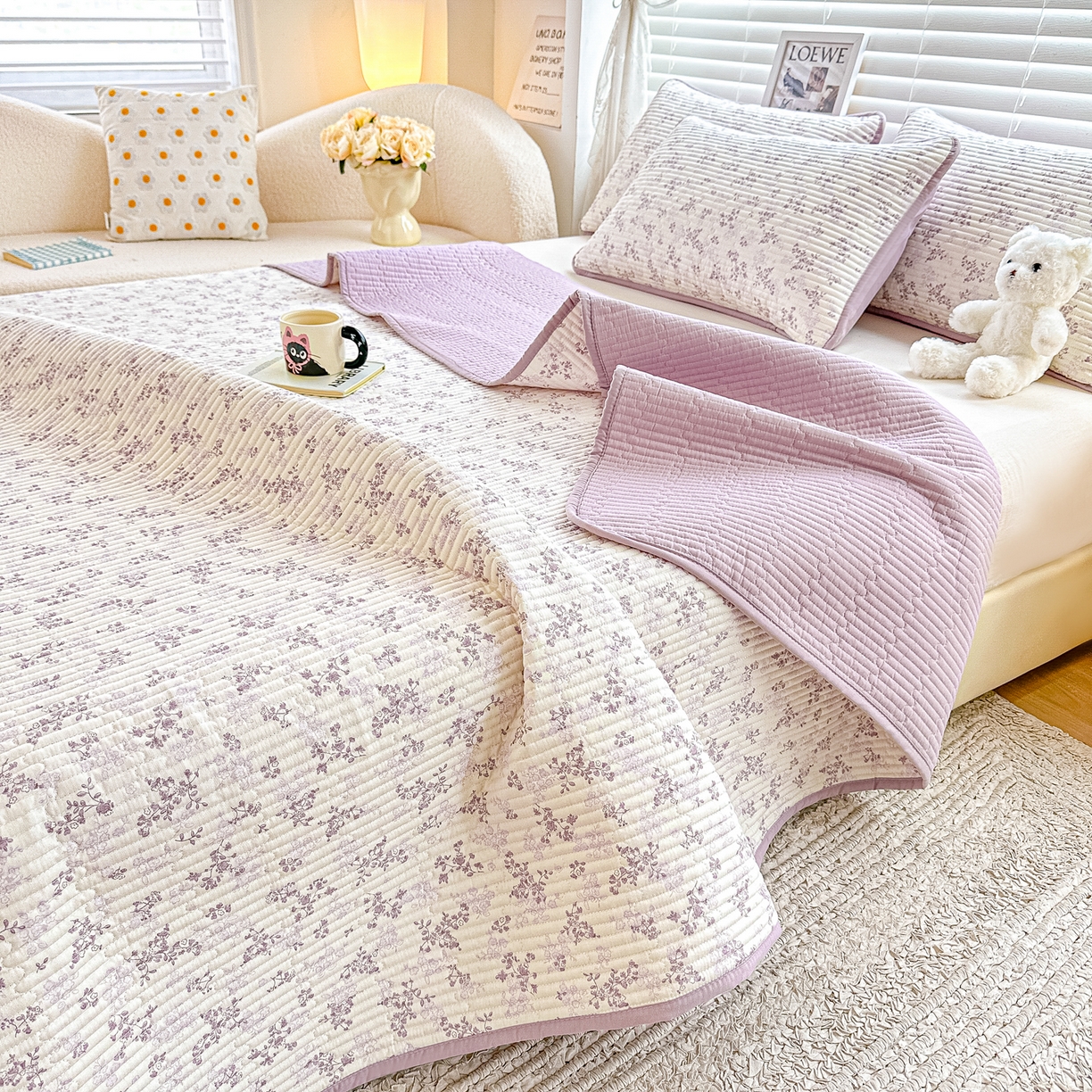 91家纺网 家纺一手货源 找家纺 橘夏家纺 2025新款全棉床盖三件套春风里（紫）