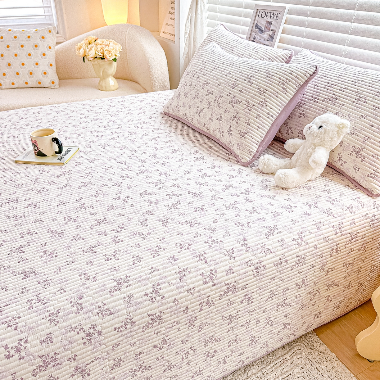 91家纺网 家纺一手货源 找家纺 橘夏家纺 2025新款全棉床盖三件套春风里（紫）