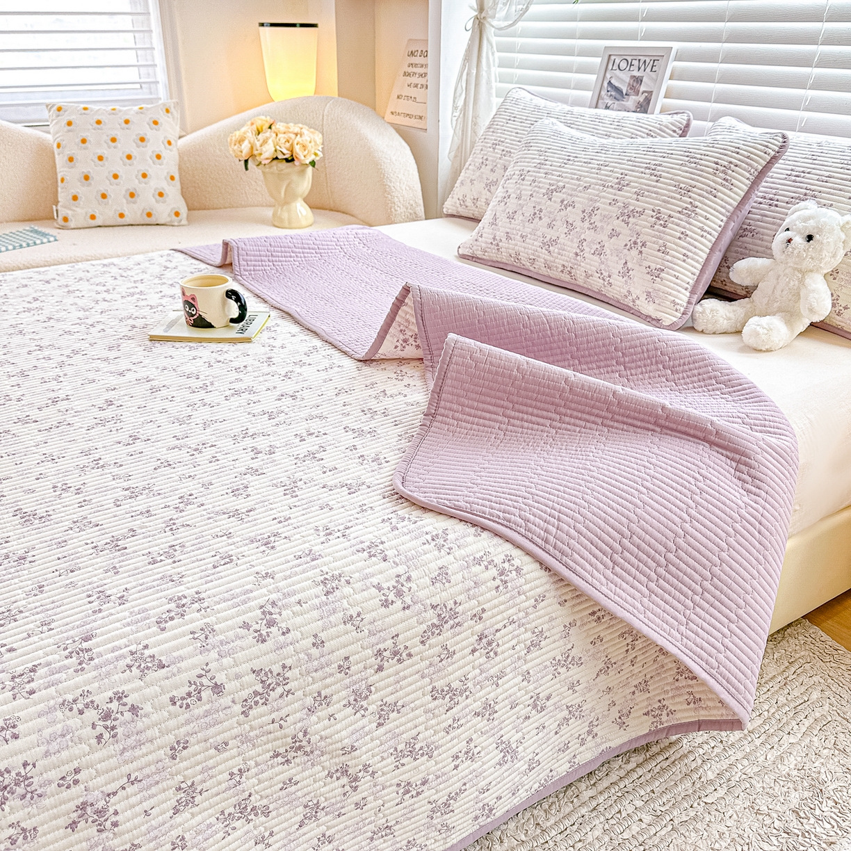 91家纺网 家纺一手货源 找家纺 橘夏家纺 2025新款全棉床盖三件套春风里（紫）