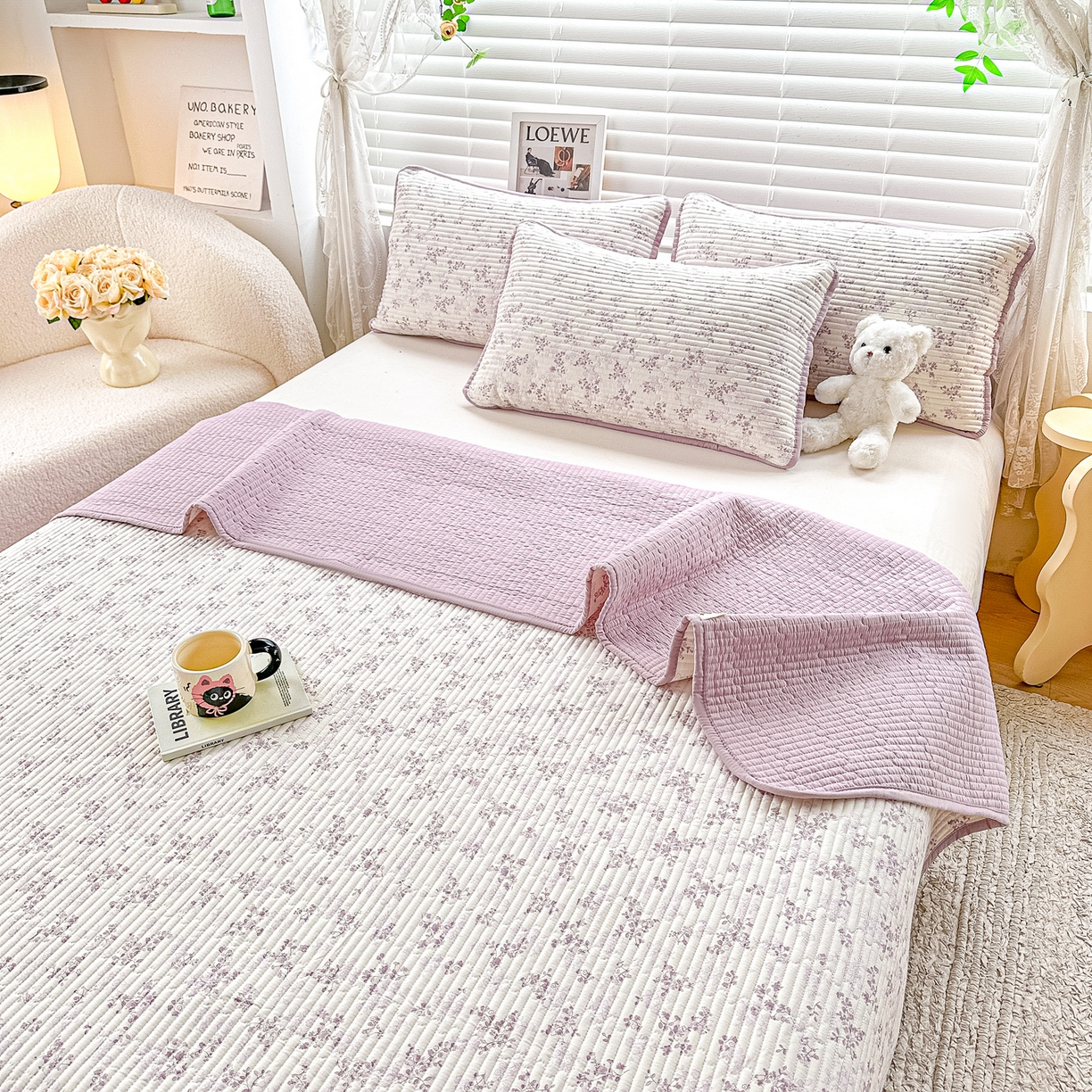 91家纺网 家纺一手货源 找家纺 橘夏家纺 2025新款全棉床盖三件套春风里（紫）