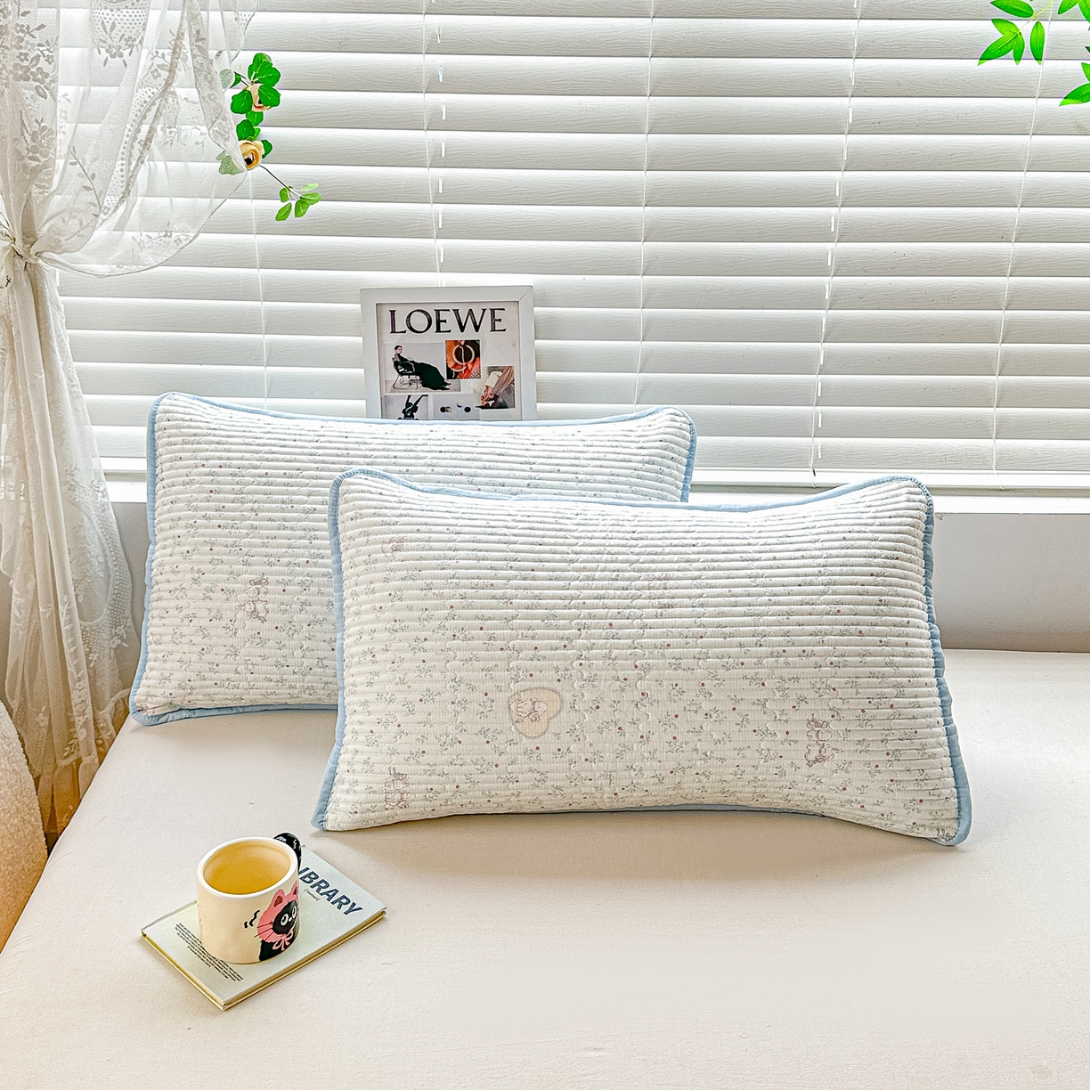 91家纺网 家纺一手货源 找家纺 橘夏家纺 2025新款全棉床盖三件套蓝心兔