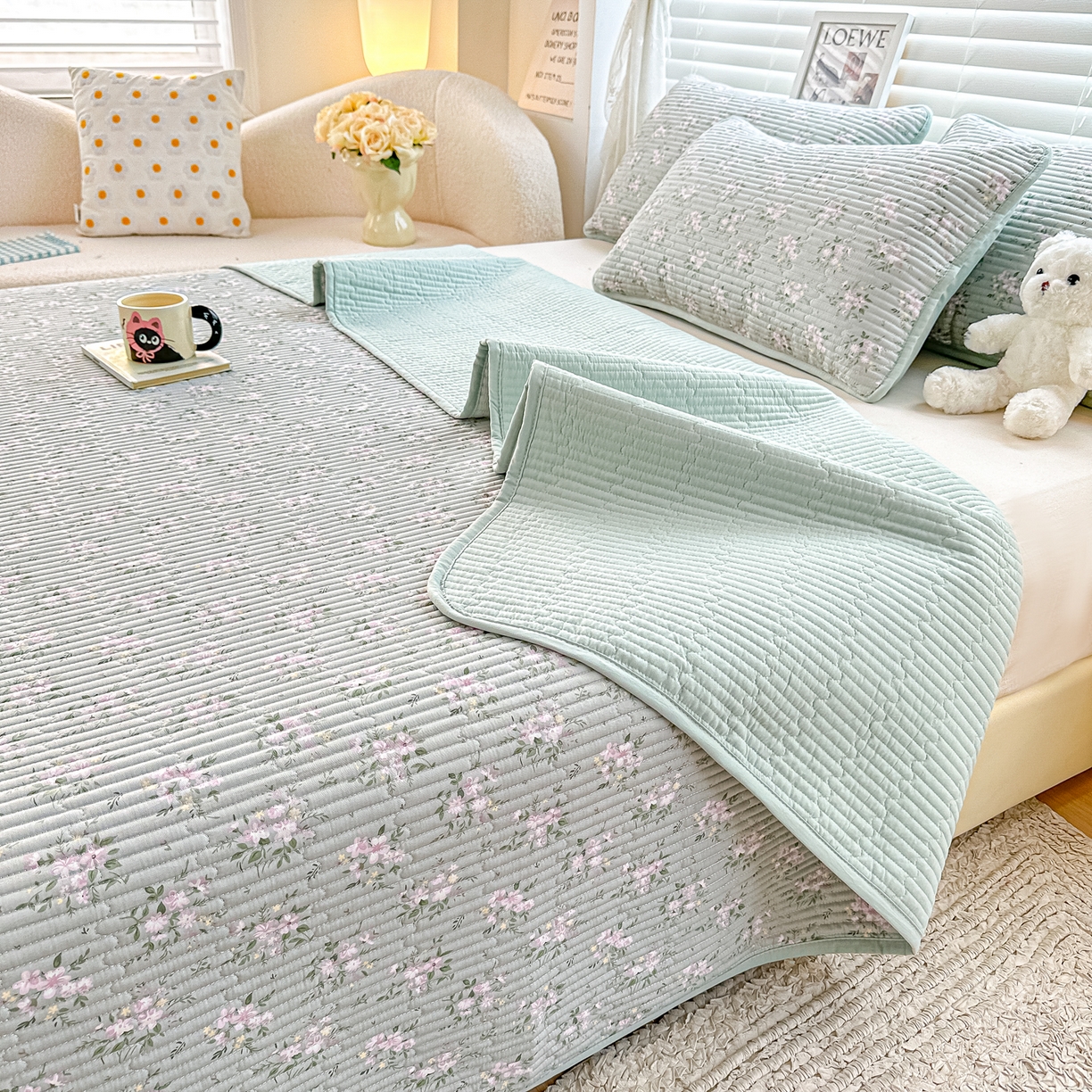 91家纺网 家纺一手货源 找家纺 橘夏家纺 2025新款全棉床盖三件套莫奈（绿）