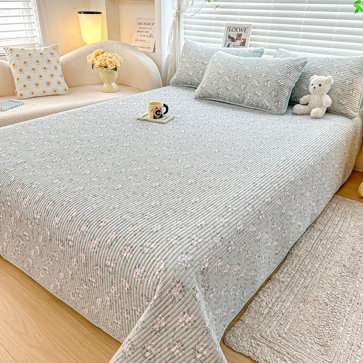 91家纺网 家纺一手货源 找家纺 橘夏家纺 2025新款全棉床盖三件套莫奈（绿）