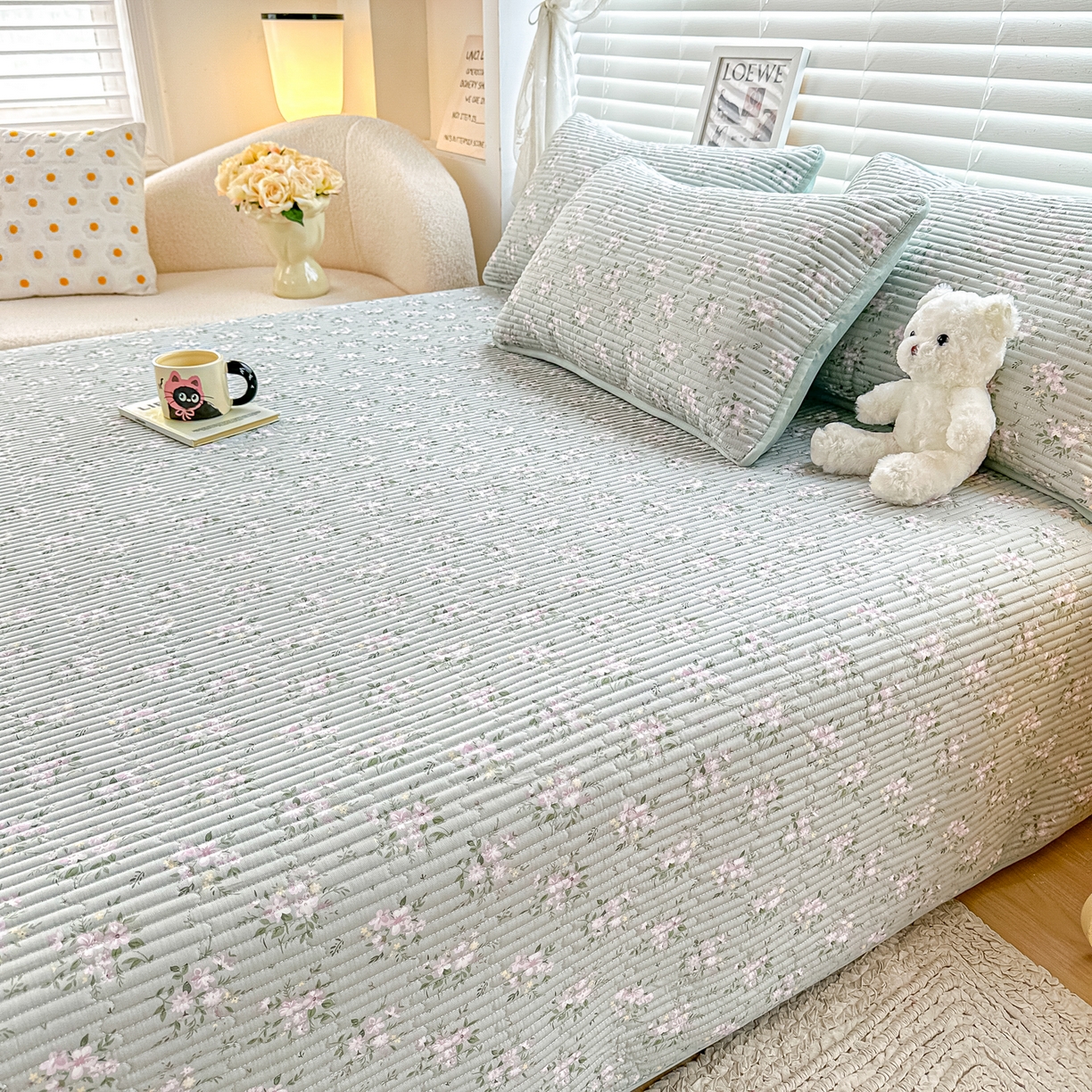 91家纺网 家纺一手货源 找家纺 橘夏家纺 2025新款全棉床盖三件套莫奈（绿）