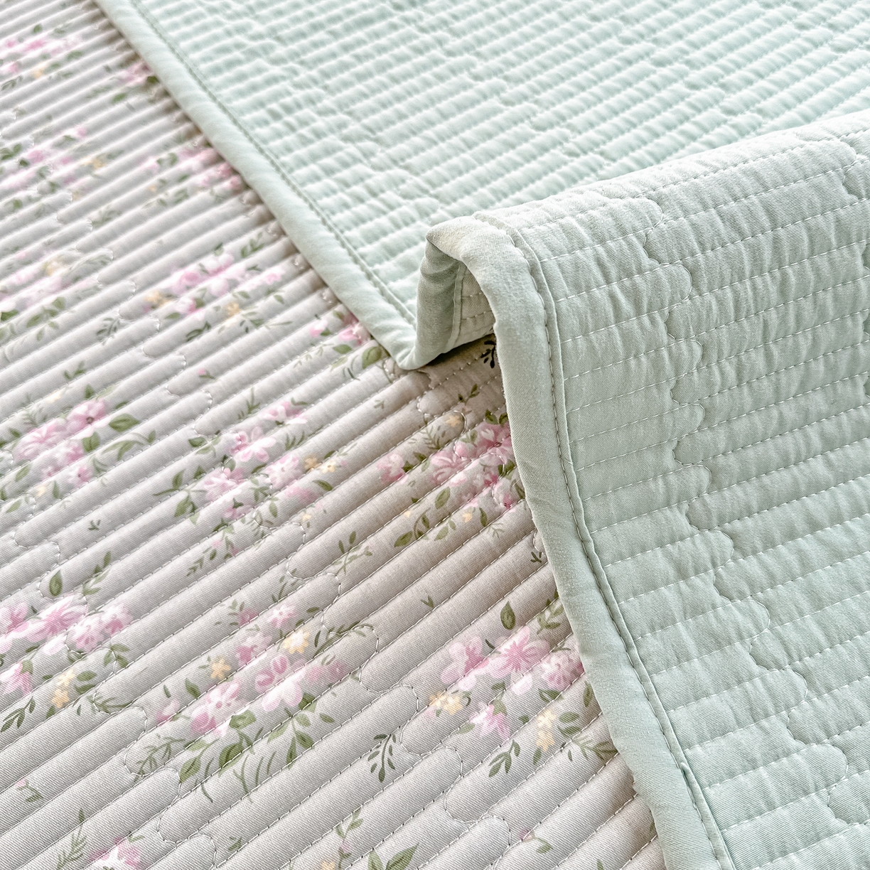 91家纺网 家纺一手货源 找家纺 橘夏家纺 2025新款全棉床盖三件套莫奈（绿）