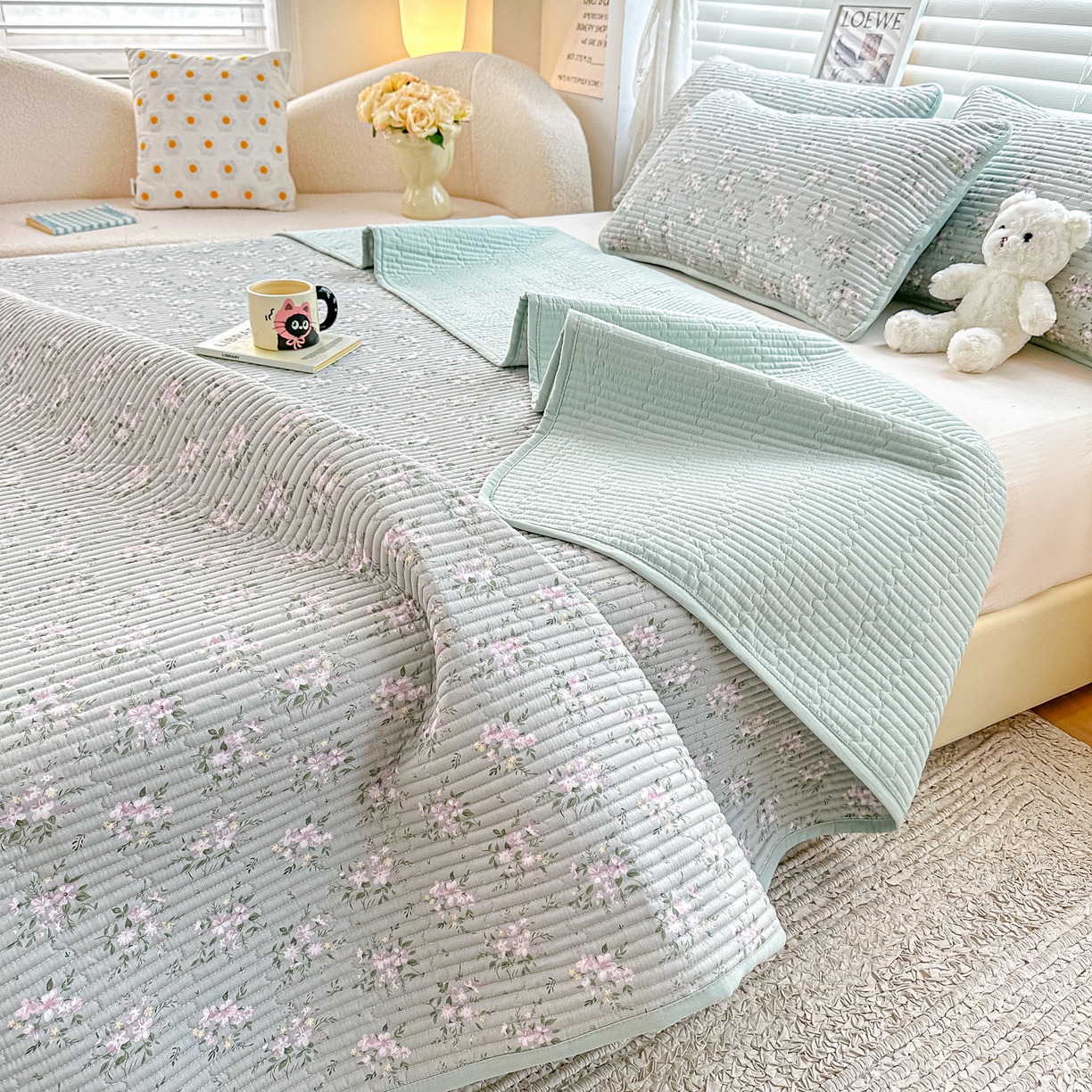 91家纺网 家纺一手货源 找家纺 橘夏家纺 2025新款全棉床盖三件套莫奈（绿）