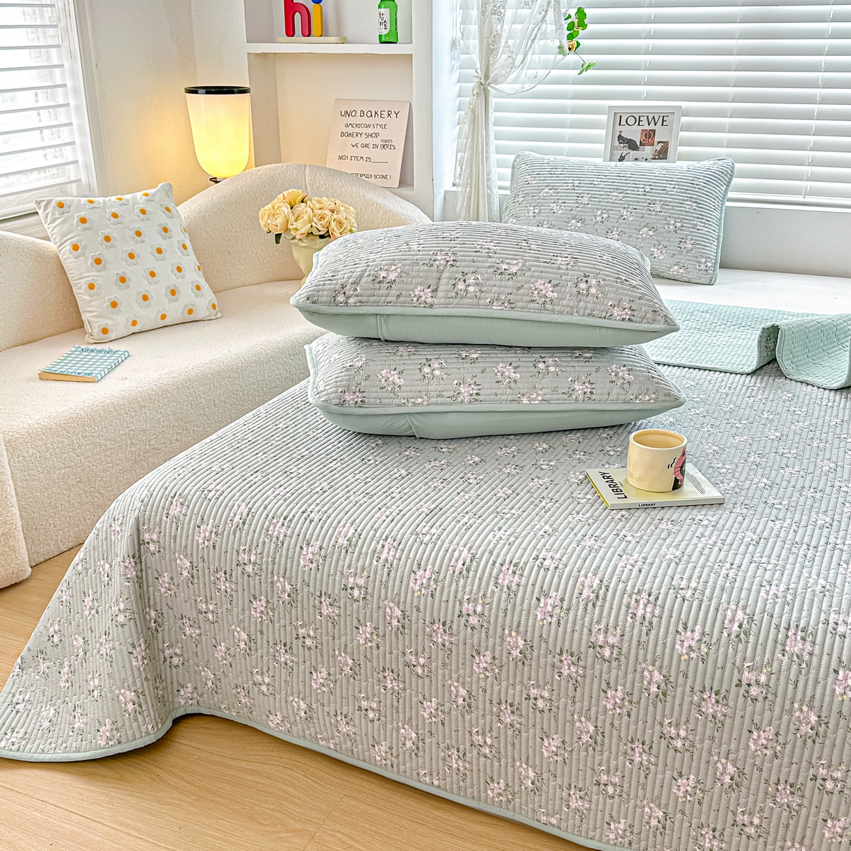 91家纺网 家纺一手货源 找家纺 橘夏家纺 2025新款全棉床盖三件套莫奈（绿）