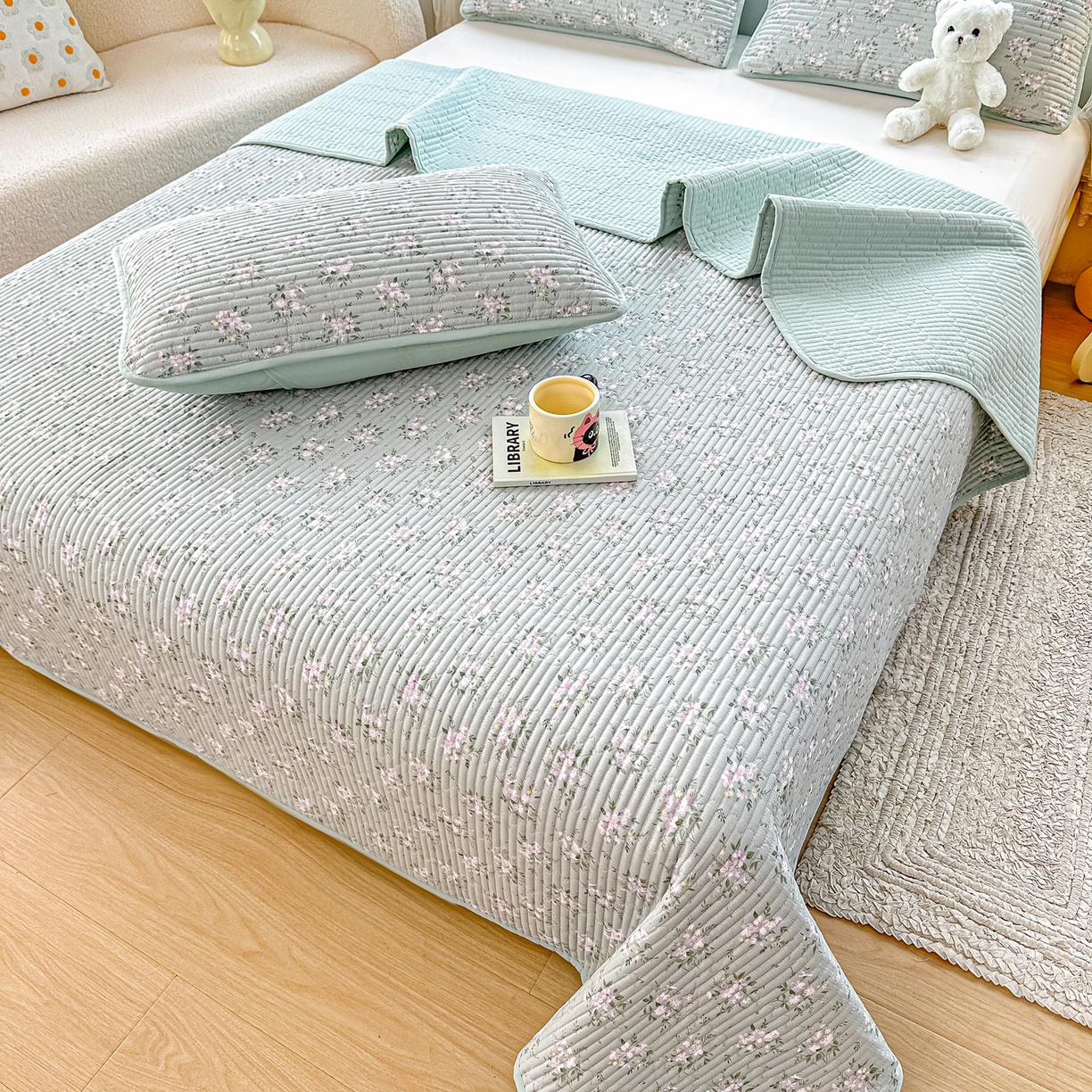 91家纺网 家纺一手货源 找家纺 橘夏家纺 2025新款全棉床盖三件套莫奈（绿）