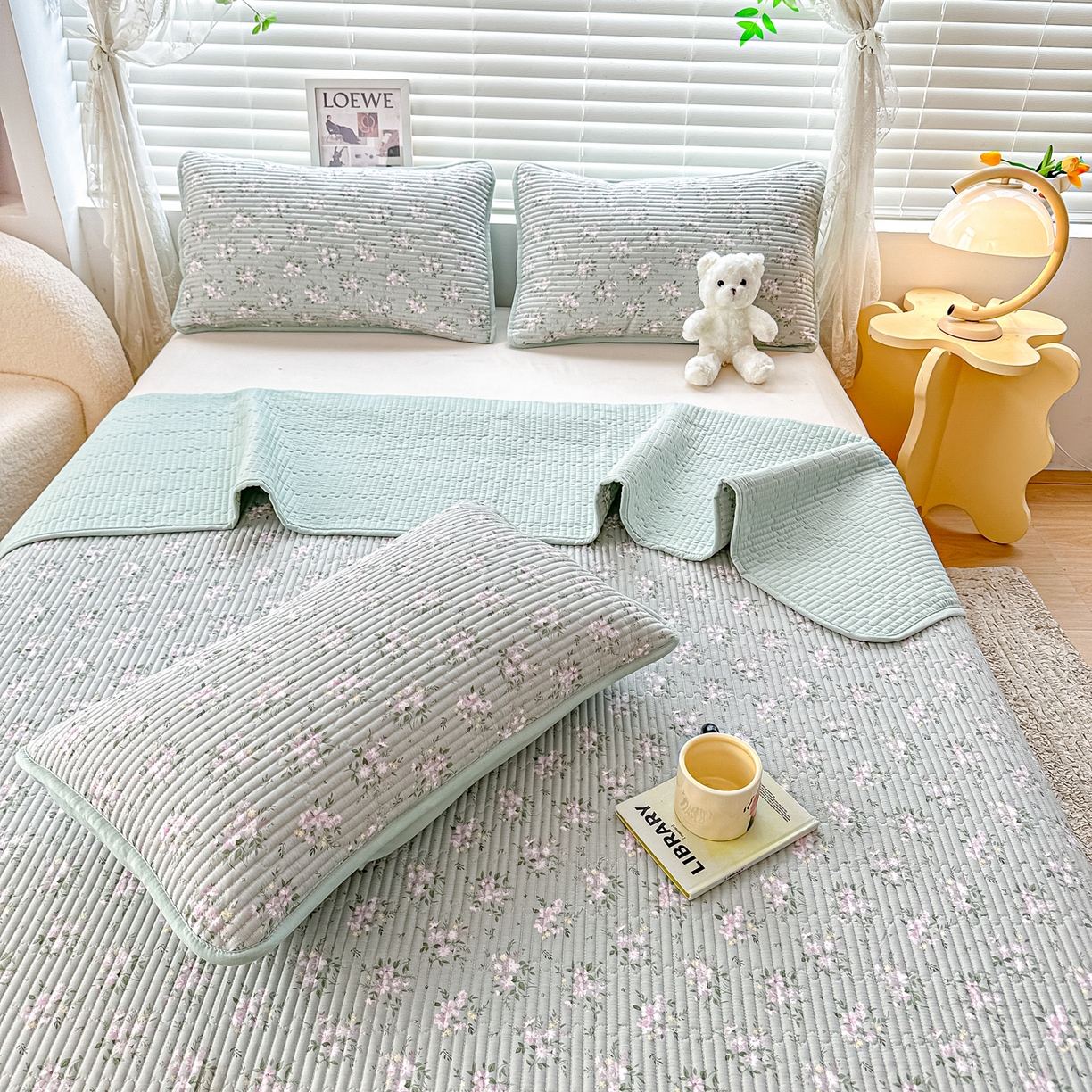 91家纺网 家纺一手货源 找家纺 橘夏家纺 2025新款全棉床盖三件套莫奈（绿）