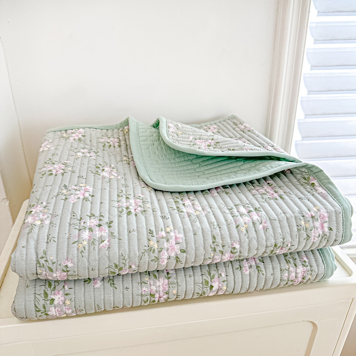 91家纺网 家纺一手货源 找家纺 橘夏家纺 2025新款全棉床盖三件套莫奈（绿）