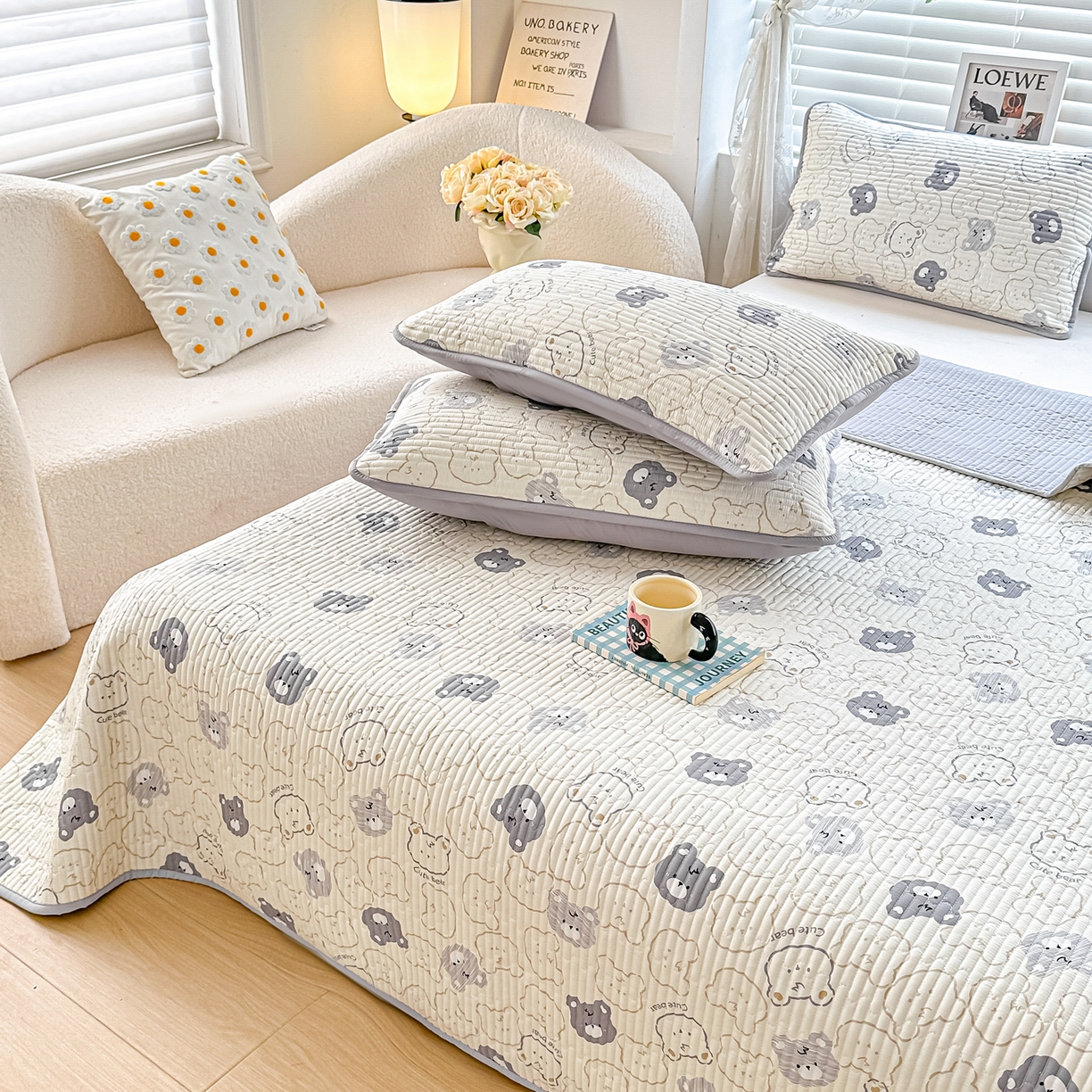 91家纺网 家纺一手货源 找家纺 橘夏家纺 2025新款全棉床盖三件套影子熊