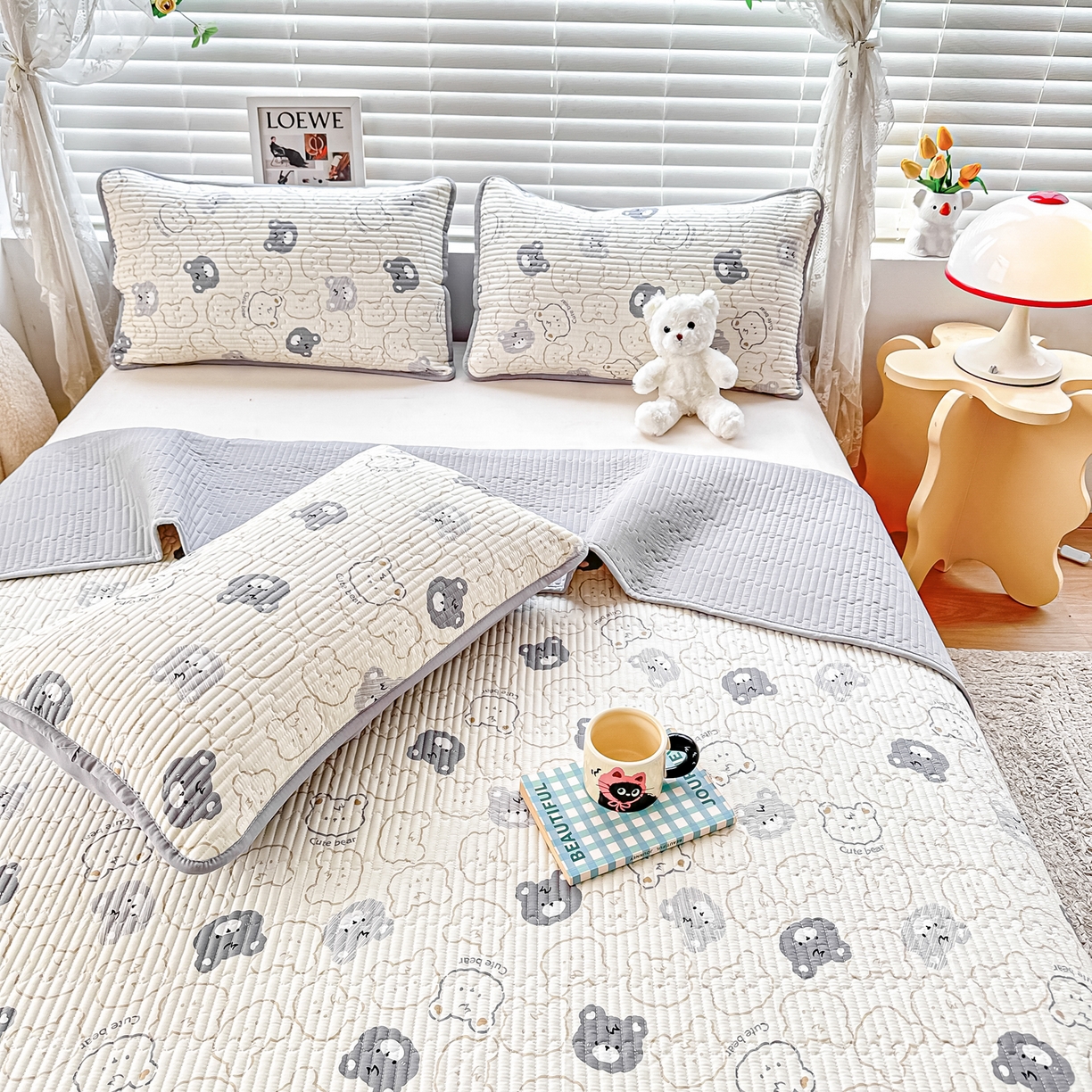 91家纺网 家纺一手货源 找家纺 橘夏家纺 2025新款全棉床盖三件套影子熊