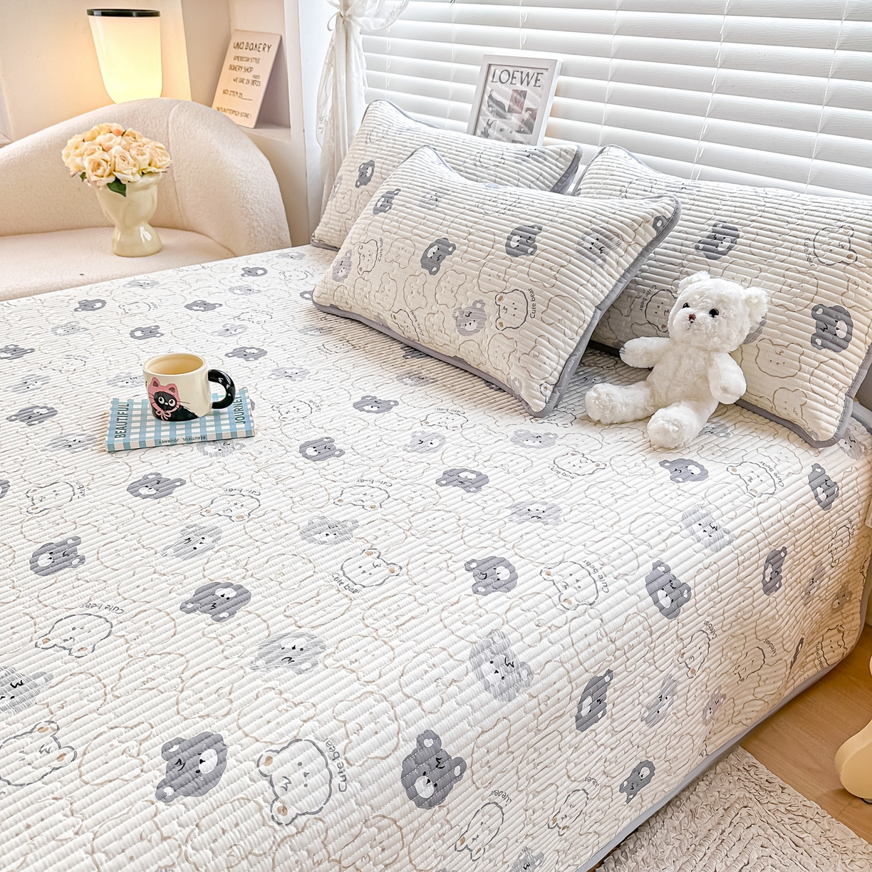 91家纺网 家纺一手货源 找家纺 橘夏家纺 2025新款全棉床盖三件套影子熊