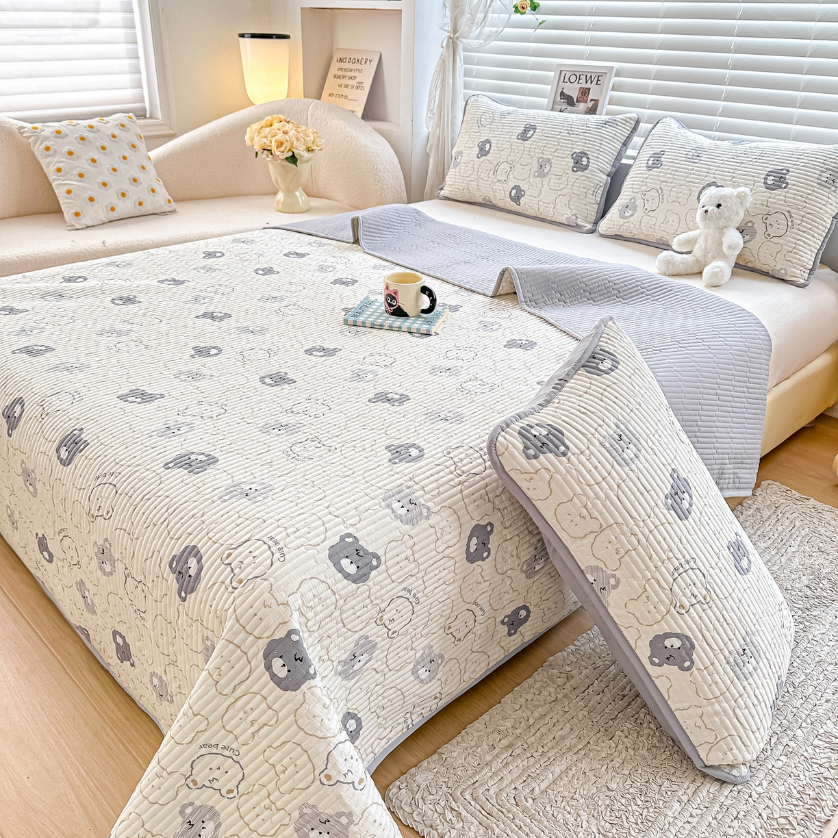 91家纺网 家纺一手货源 找家纺 橘夏家纺 2025新款全棉床盖三件套影子熊