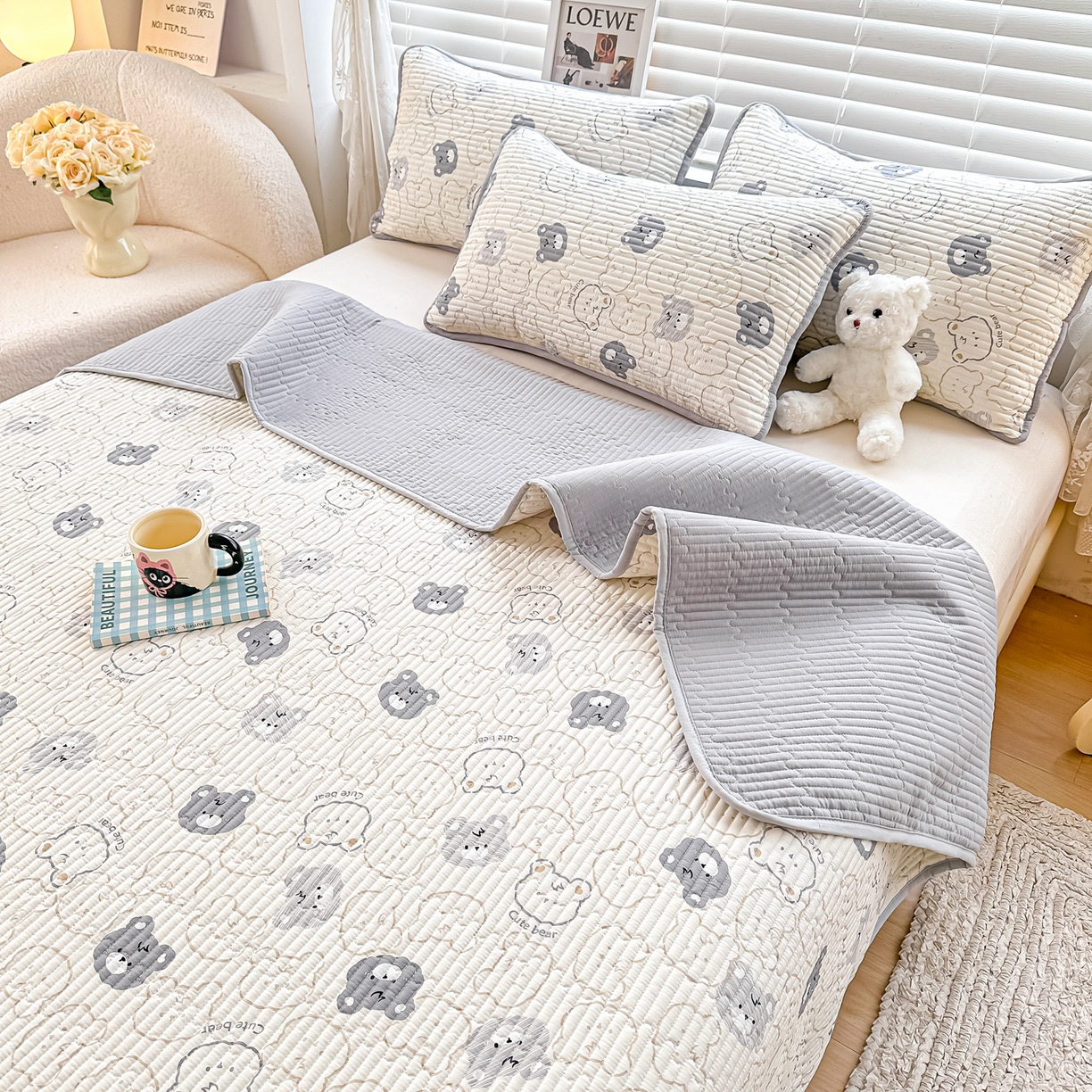 91家纺网 家纺一手货源 找家纺 橘夏家纺 2025新款全棉床盖三件套影子熊