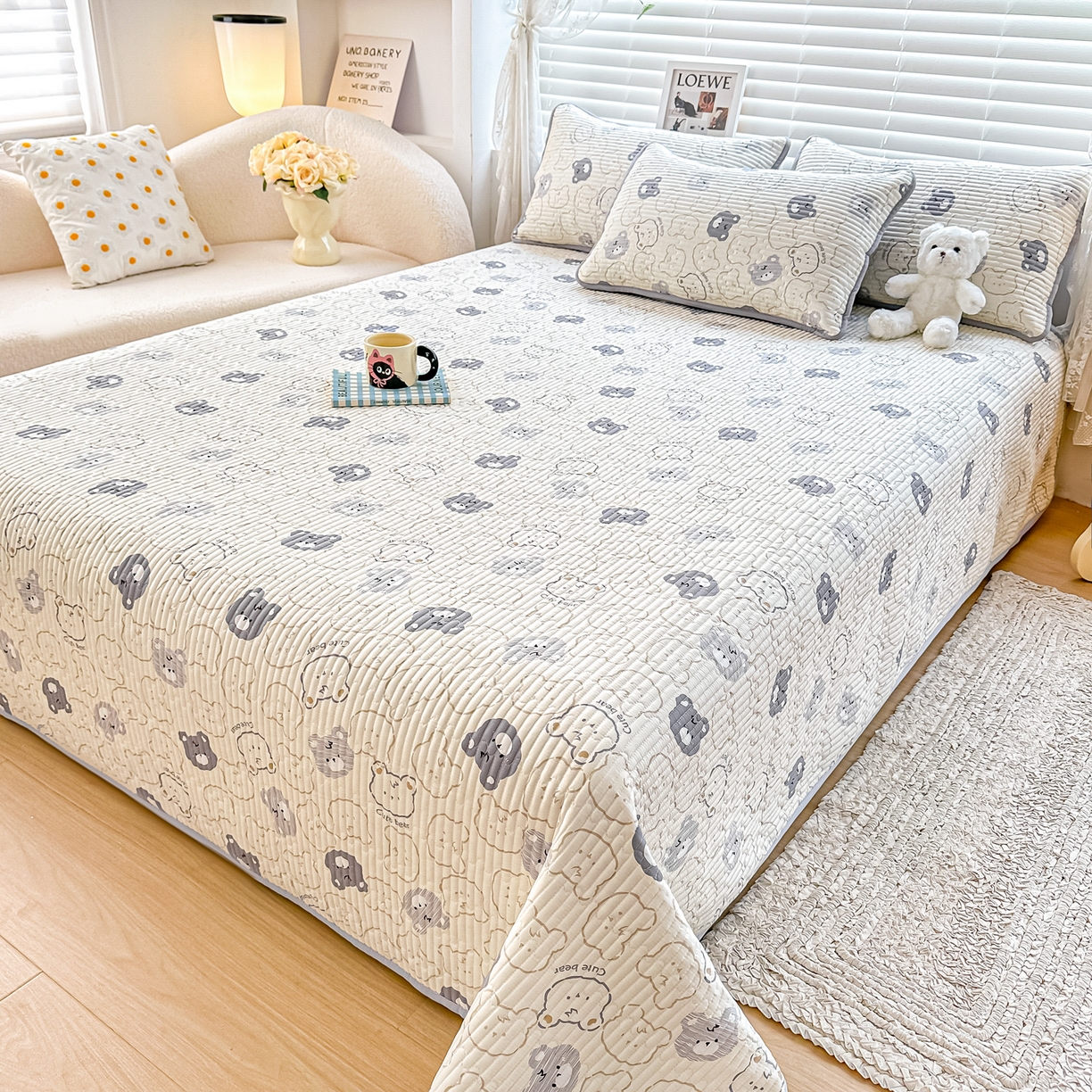 91家纺网 家纺一手货源 找家纺 橘夏家纺 2025新款全棉床盖三件套影子熊