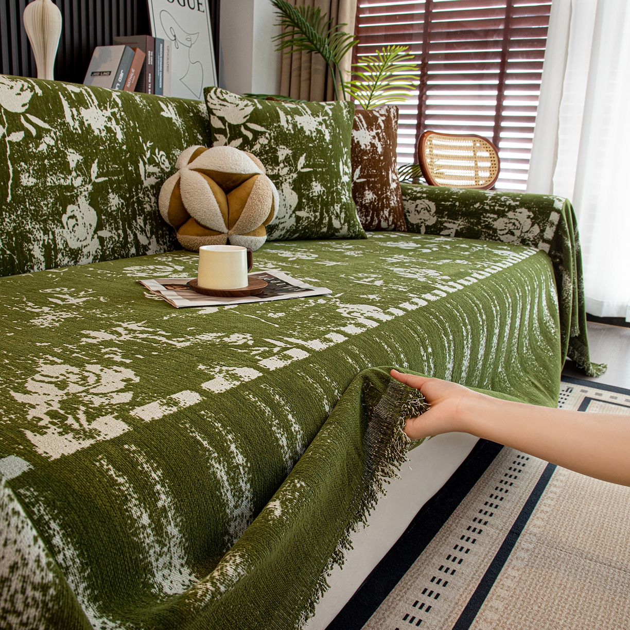 91家纺网 家纺一手货源 找家纺 沐沐家纺 2026新款花溪沙发巾 绿色