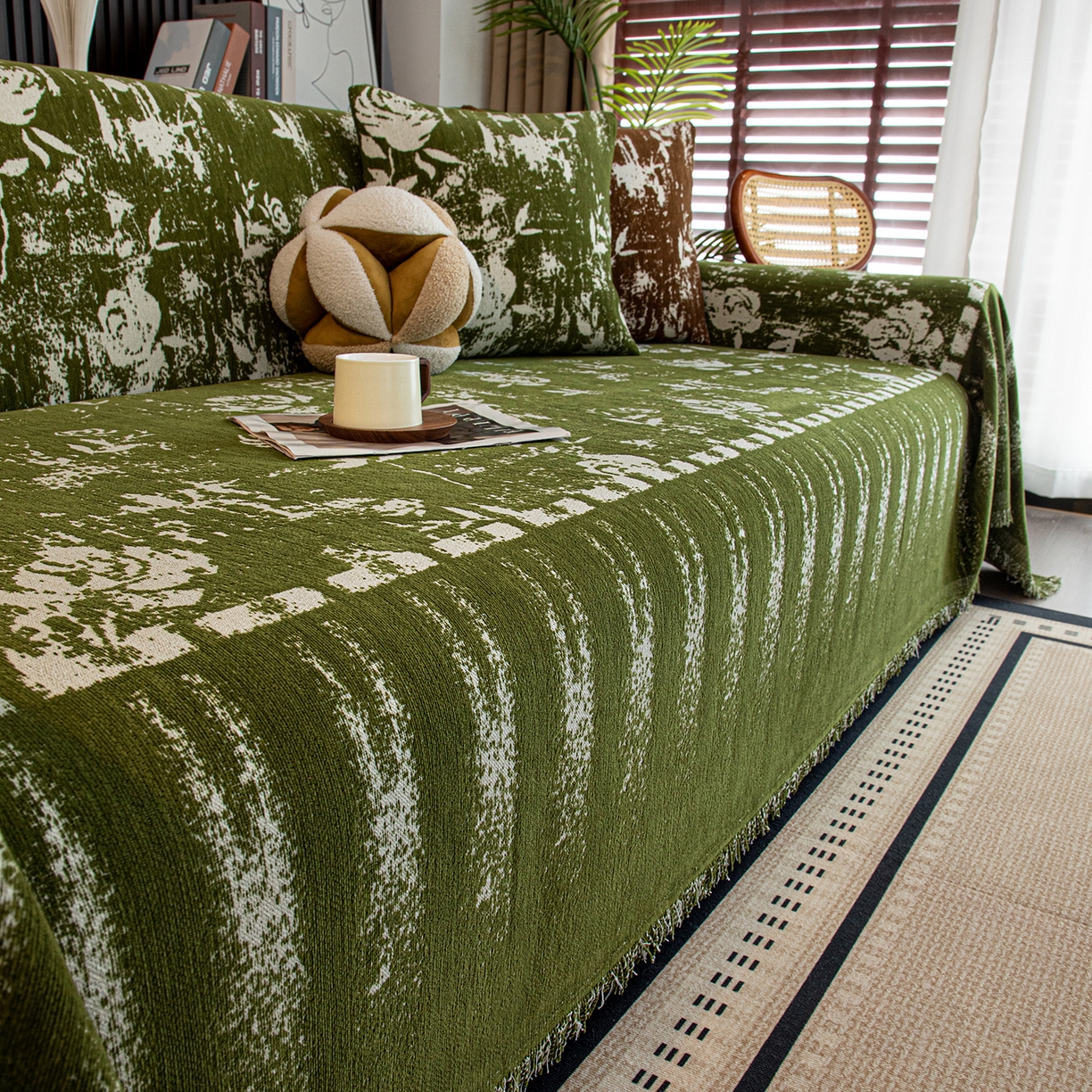 91家纺网 家纺一手货源 找家纺 沐沐家纺 2026新款花溪沙发巾 绿色