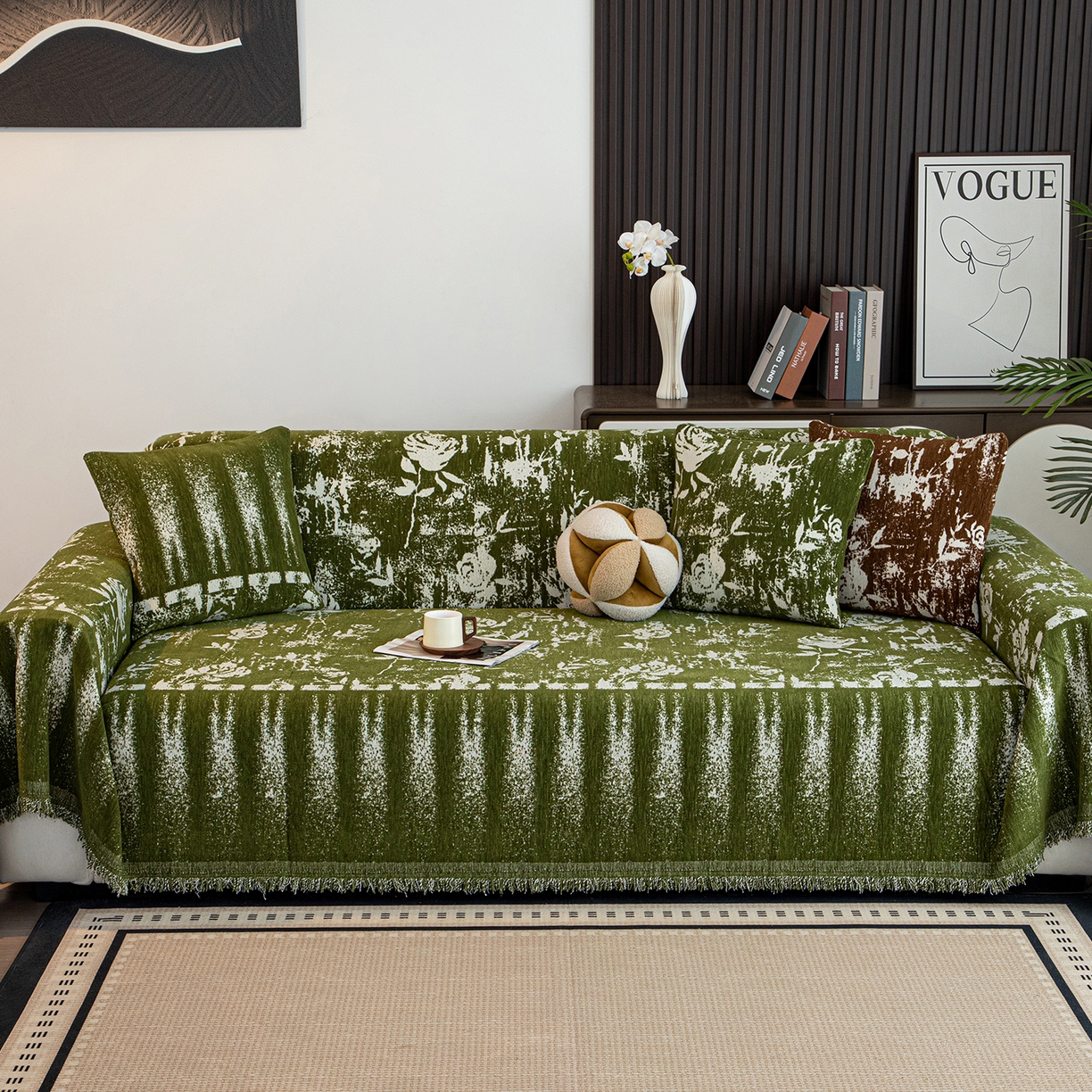 91家纺网 家纺一手货源 找家纺 沐沐家纺 2026新款花溪沙发巾 绿色