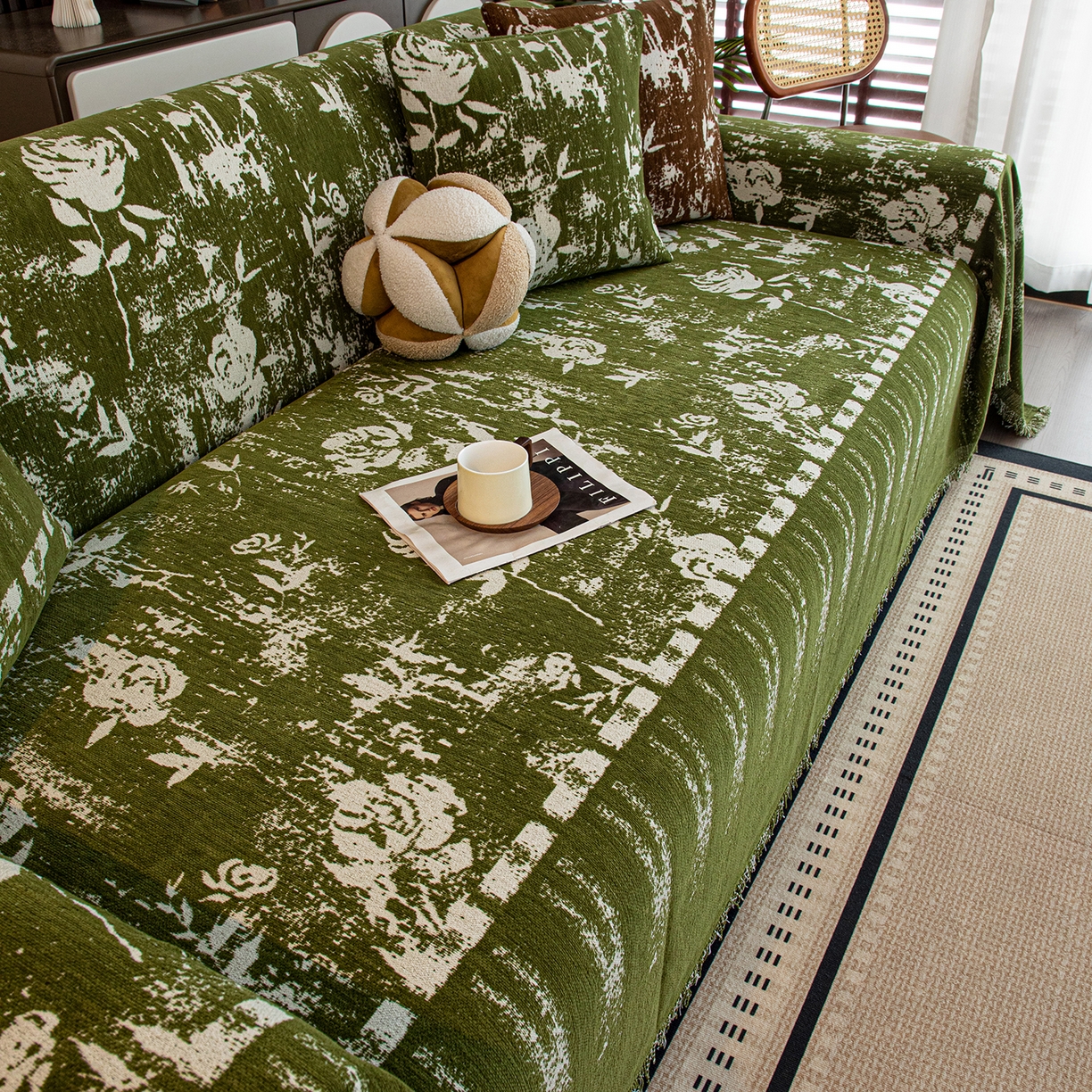 91家纺网 家纺一手货源 找家纺 沐沐家纺 2026新款花溪沙发巾 绿色