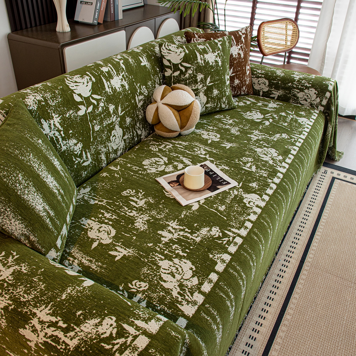 91家纺网 家纺一手货源 找家纺 沐沐家纺 2026新款花溪沙发巾 绿色