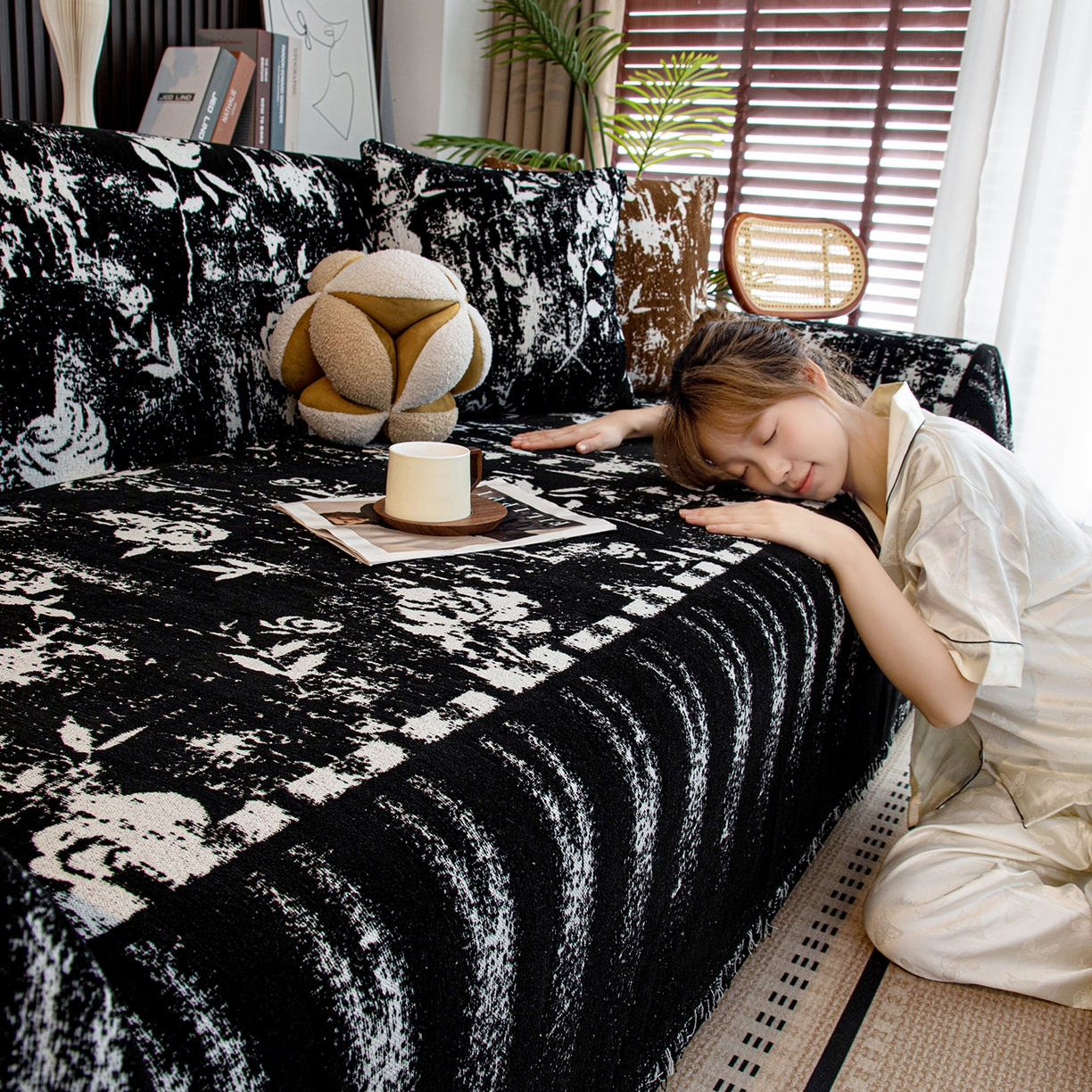 91家纺网 家纺一手货源 找家纺 沐沐家纺 2026新款花溪沙发巾 黑色