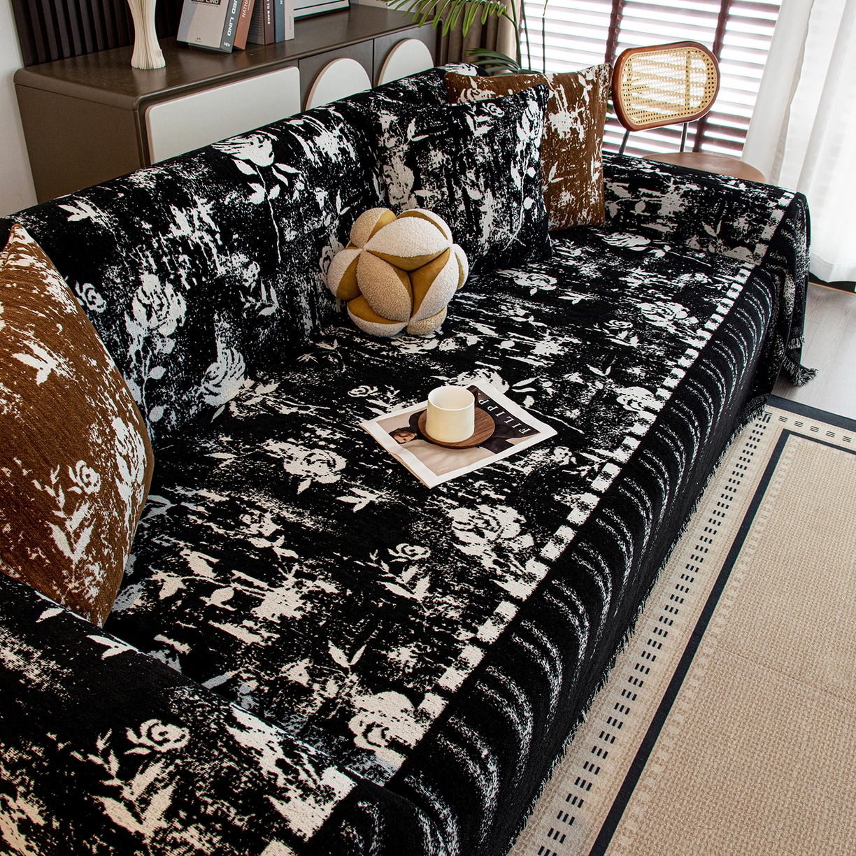 91家纺网 家纺一手货源 找家纺 沐沐家纺 2026新款花溪沙发巾 黑色