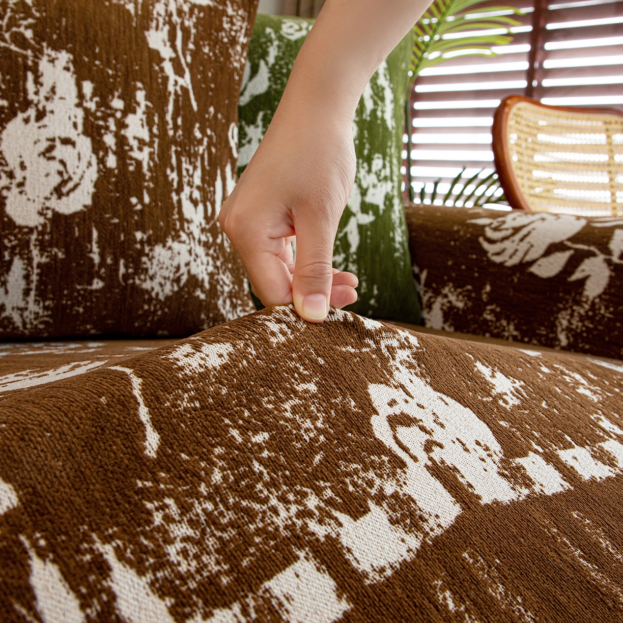 91家纺网 家纺一手货源 找家纺 沐沐家纺 2026新款花溪沙发巾 咖色