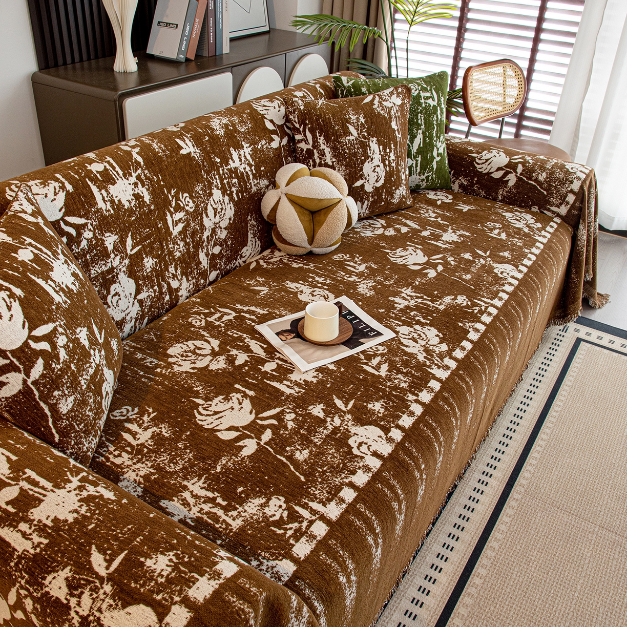 91家纺网 家纺一手货源 找家纺 沐沐家纺 2026新款花溪沙发巾 咖色