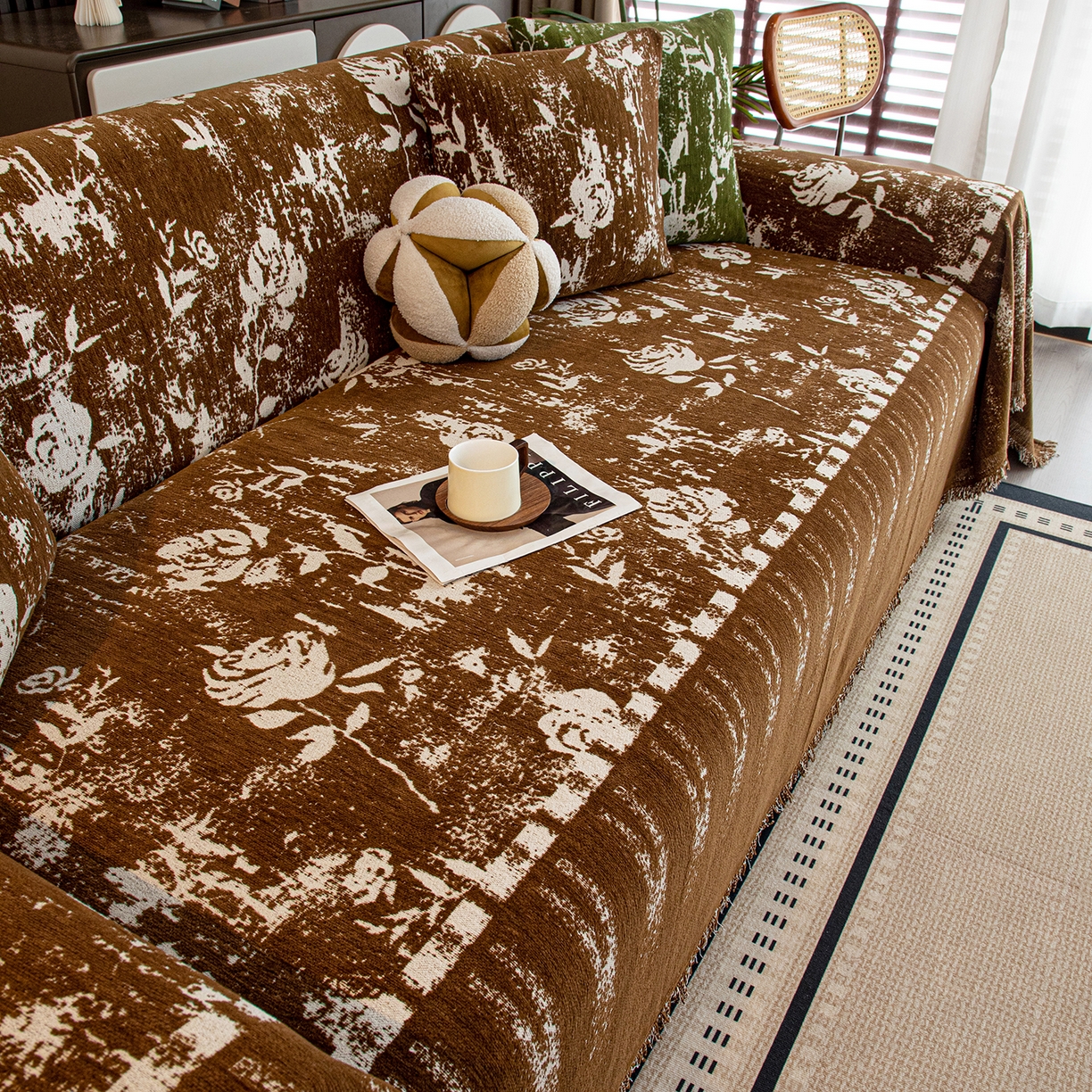 91家纺网 家纺一手货源 找家纺 沐沐家纺 2026新款花溪沙发巾 咖色