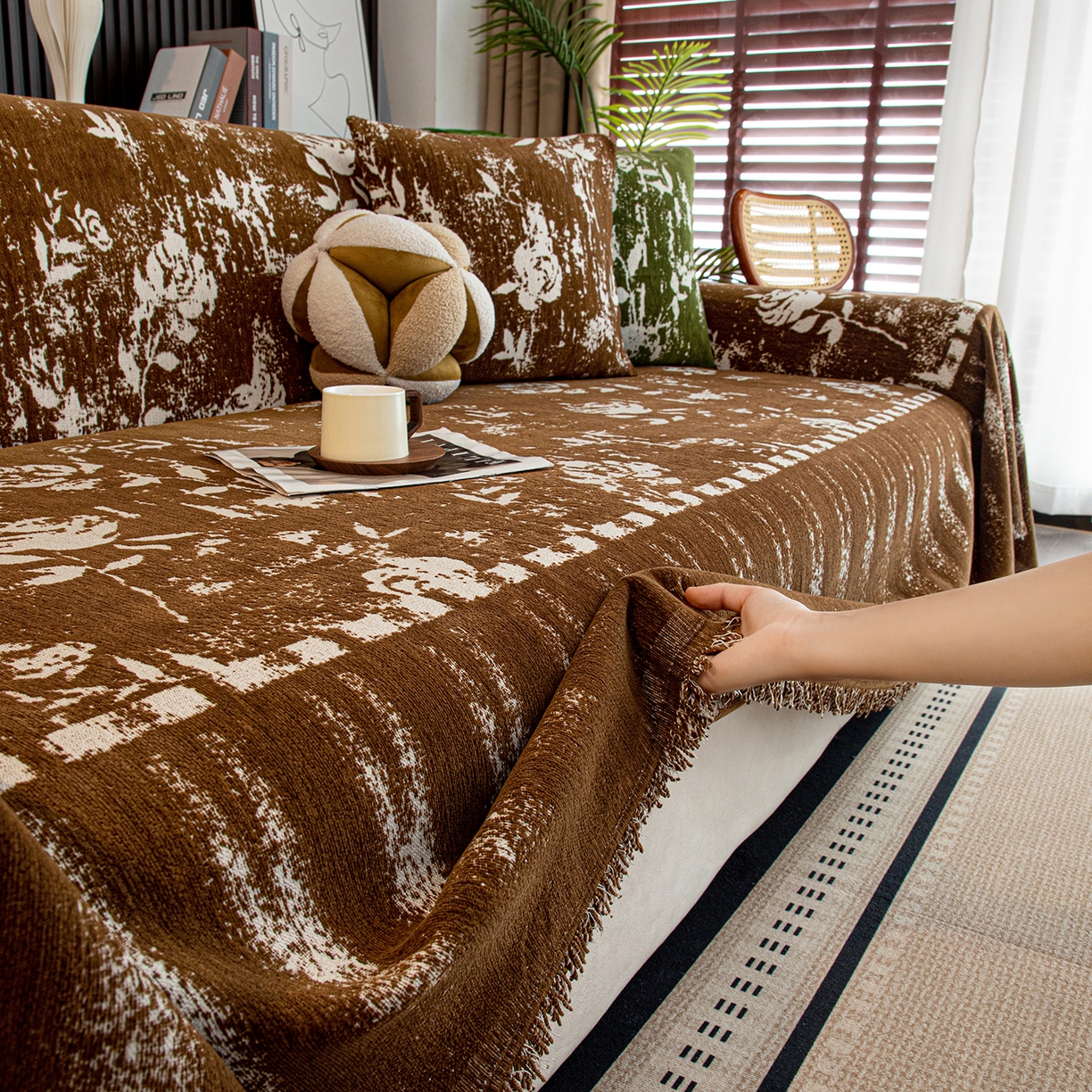 91家纺网 家纺一手货源 找家纺 沐沐家纺 2026新款花溪沙发巾 咖色