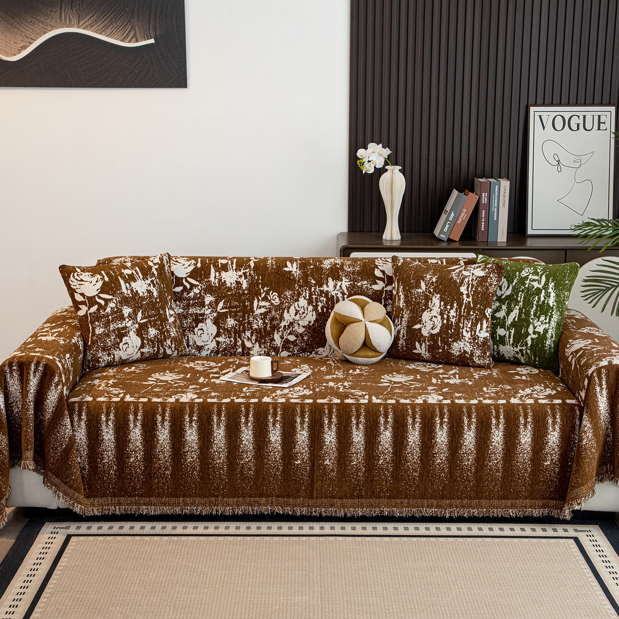 91家纺网 家纺一手货源 找家纺 沐沐家纺 2026新款花溪沙发巾 咖色