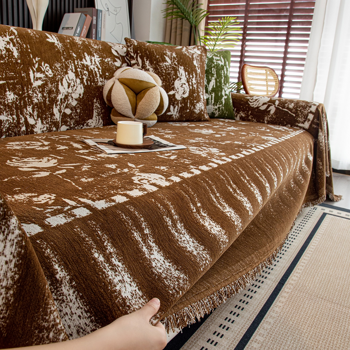 91家纺网 家纺一手货源 找家纺 沐沐家纺 2026新款花溪沙发巾 咖色