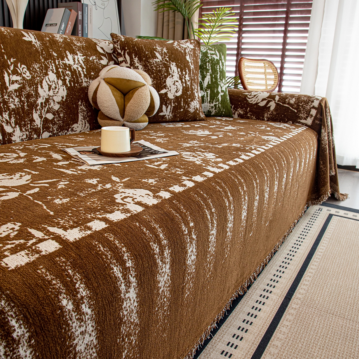 91家纺网 家纺一手货源 找家纺 沐沐家纺 2026新款花溪沙发巾 咖色