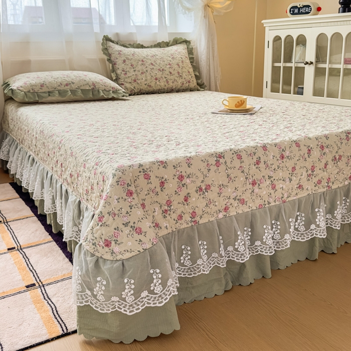 91家纺网 家纺一手货源 找家纺 艺慕家纺 2025新款水洗棉麻双层纱夏被床盖四件套 绿藤花语