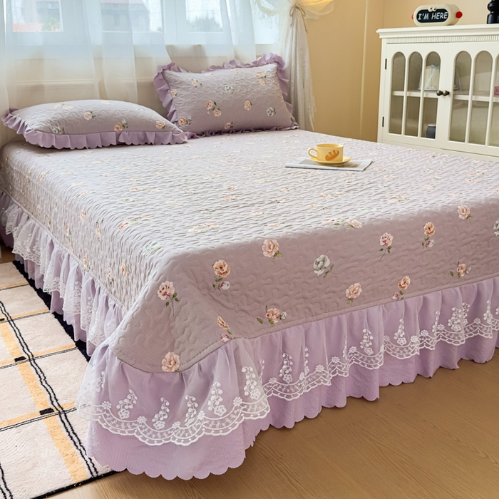 91家纺网 家纺一手货源 找家纺 艺慕家纺 2025新款水洗棉麻双层纱夏被床盖四件套 紫菱花园