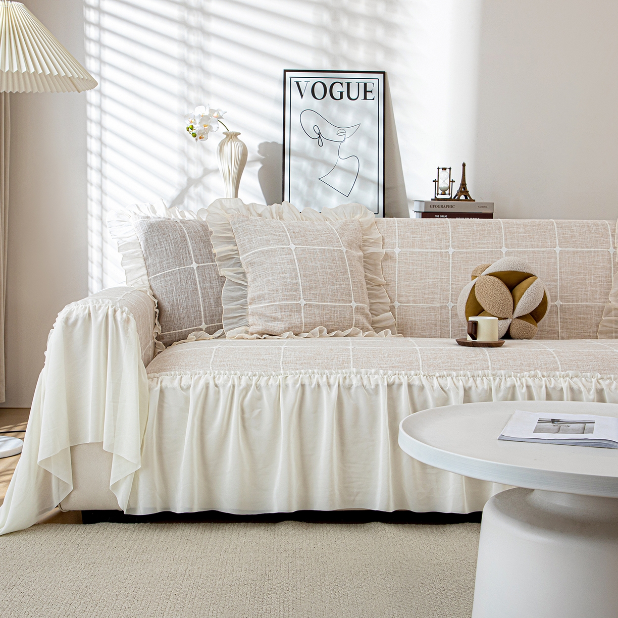 91家纺网 家纺一手货源 找家纺 沐沐家纺 2026新款方醇沙发巾 米白