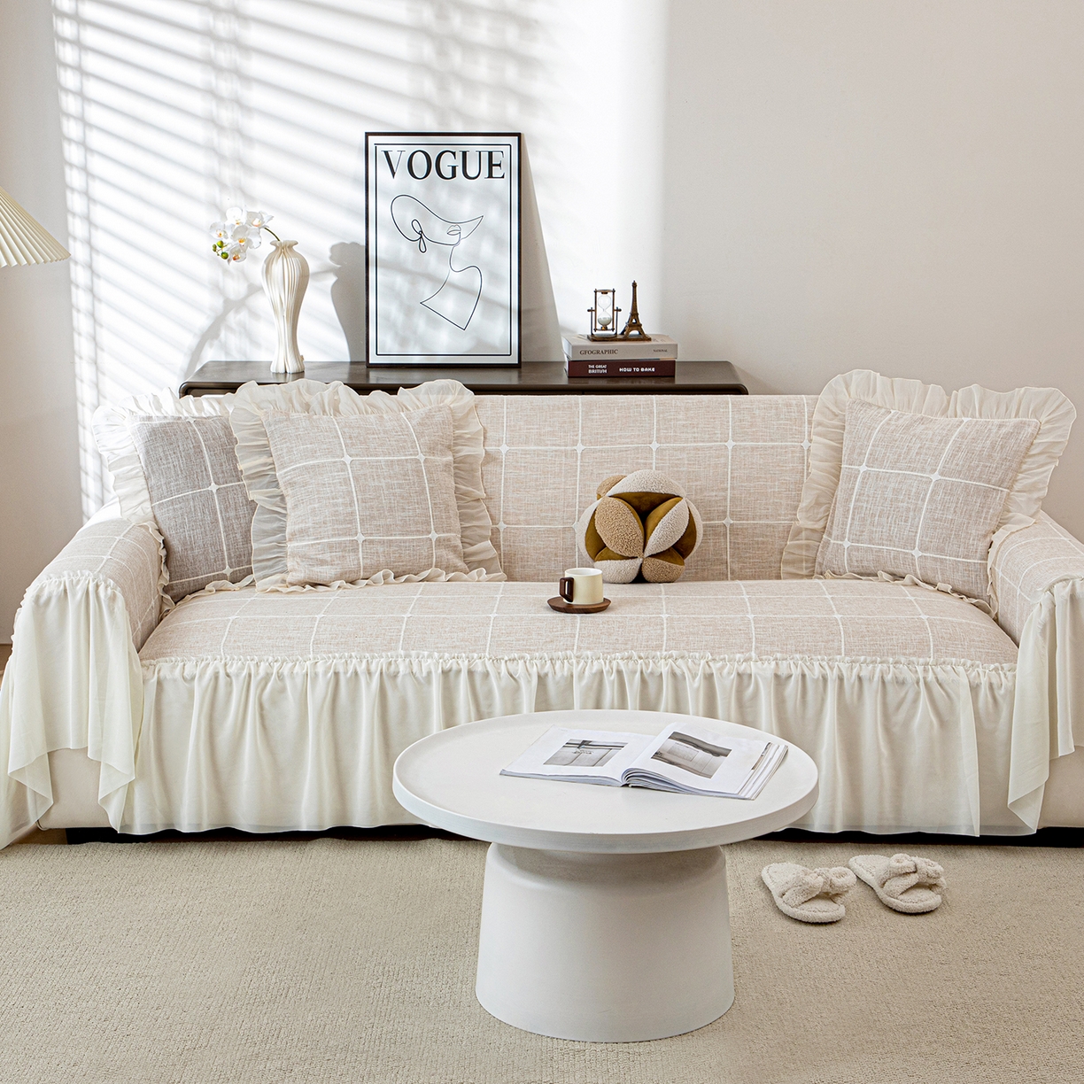 91家纺网 家纺一手货源 找家纺 沐沐家纺 2026新款方醇沙发巾 米白