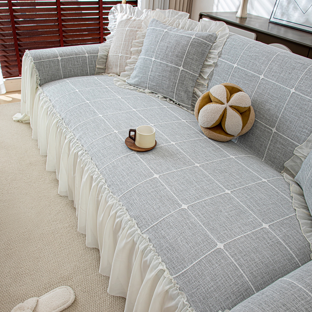 91家纺网 家纺一手货源 找家纺 沐沐家纺 2026新款方醇沙发巾 湖水蓝