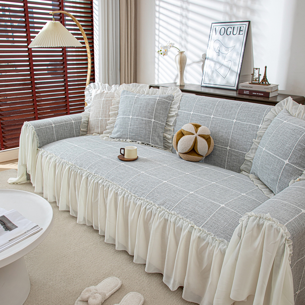 91家纺网 家纺一手货源 找家纺 沐沐家纺 2026新款方醇沙发巾 湖水蓝