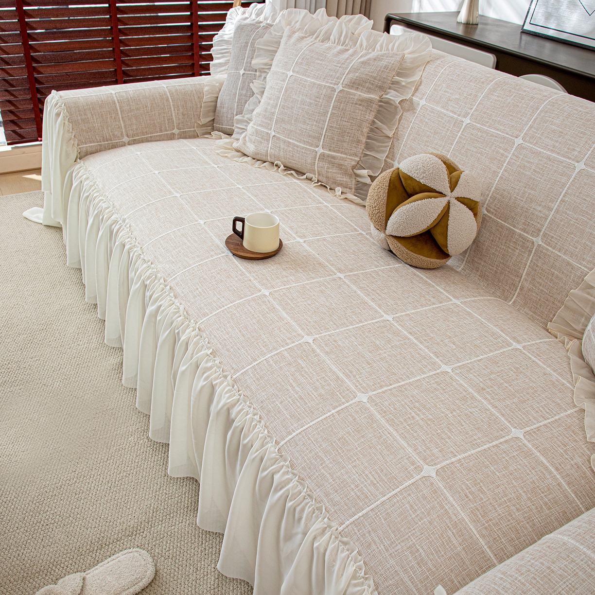 91家纺网 家纺一手货源 找家纺 沐沐家纺 2026新款方醇沙发巾 米白