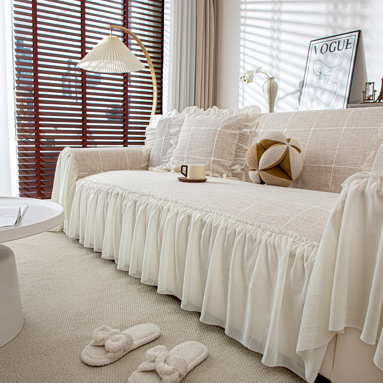 91家纺网 家纺一手货源 找家纺 沐沐家纺 2026新款方醇沙发巾 米白